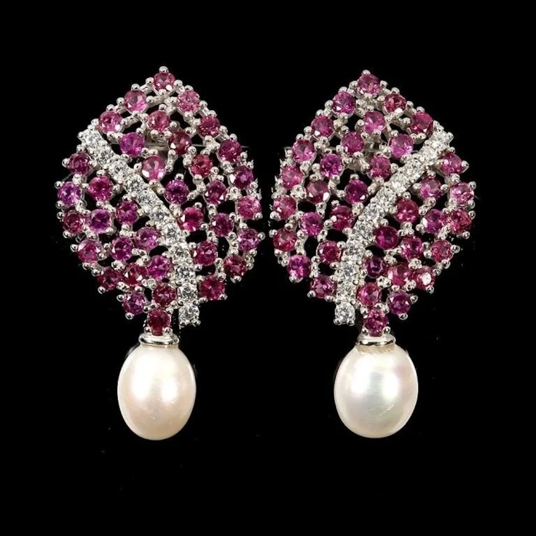 Natural Rhodolite Garnet & Pearl Earrings