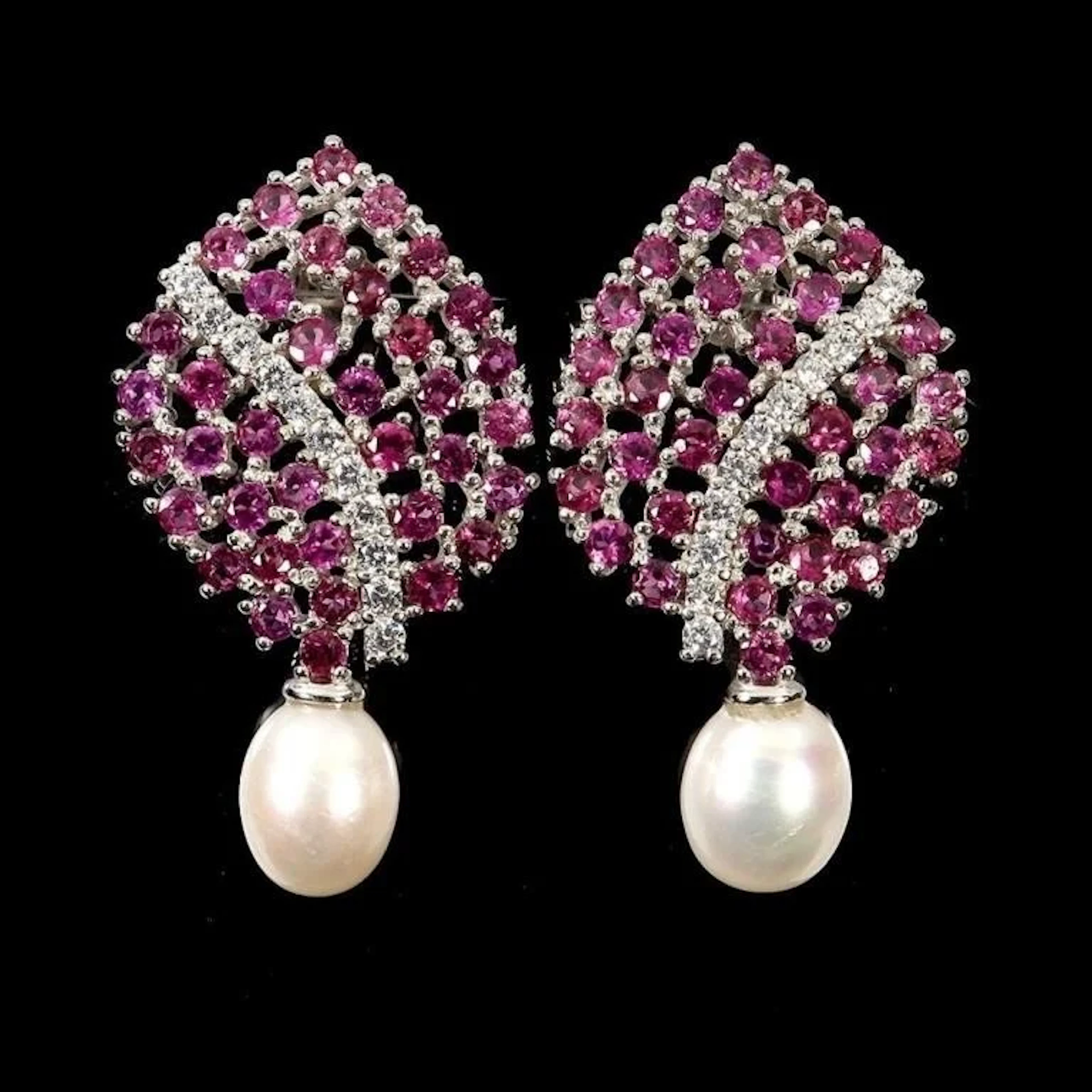 Natural Rhodolite Garnet & Pearl Earrings