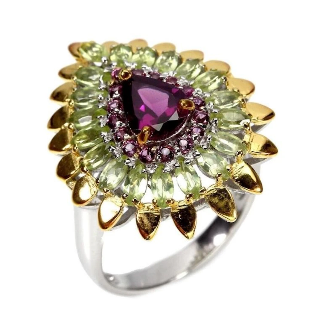 Natural Unheated Rhodolite Garnet & Peridot Ring