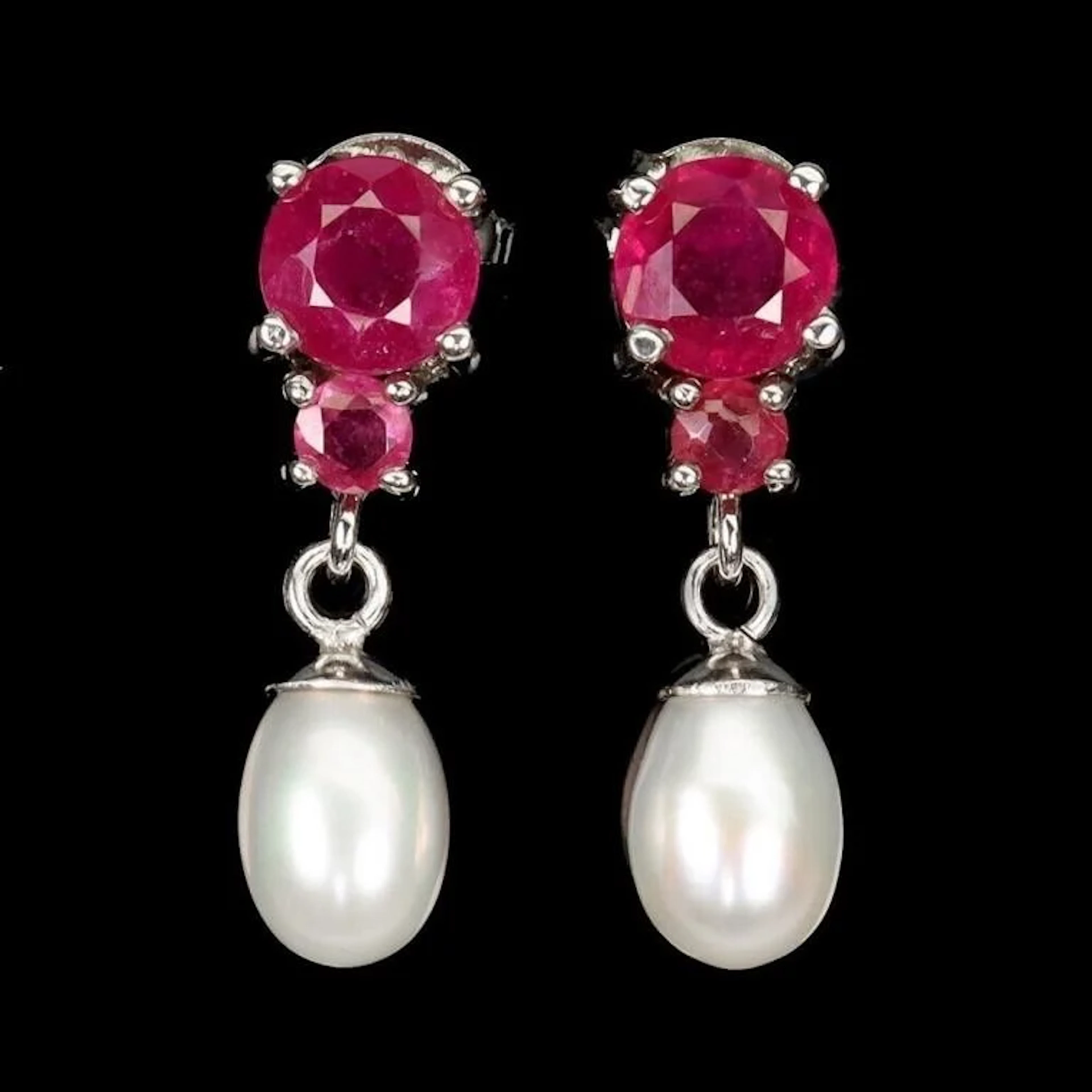 Natural Red Ruby & Pearl Earrings