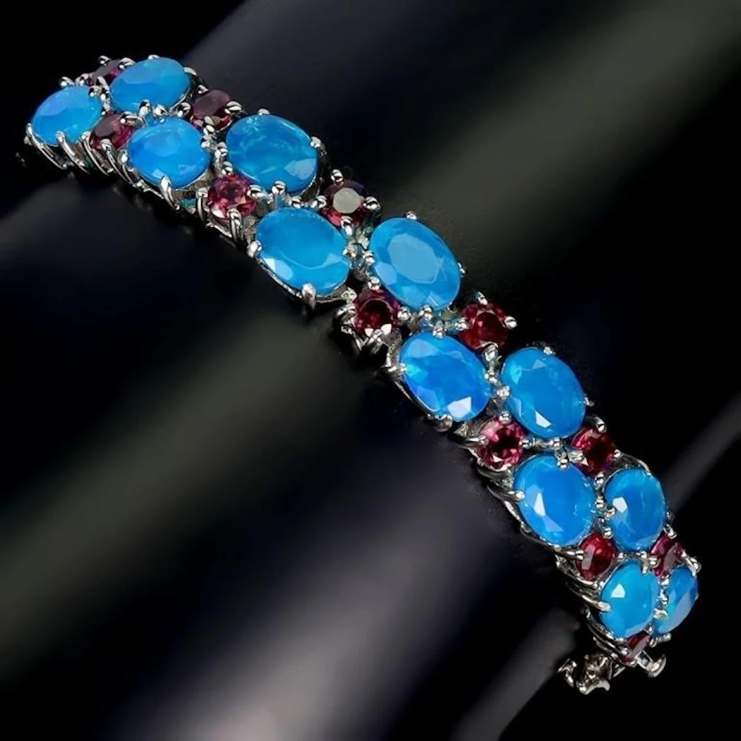 Natural Oval Blue Opal Rhodolite Garnet Bangle