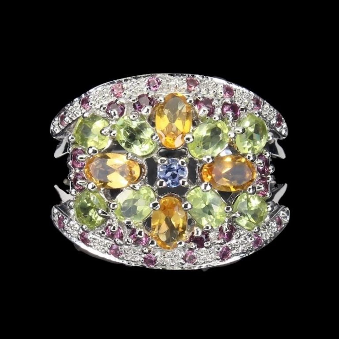 Natural Citrine Peridot Rhodolite Garnet Ring