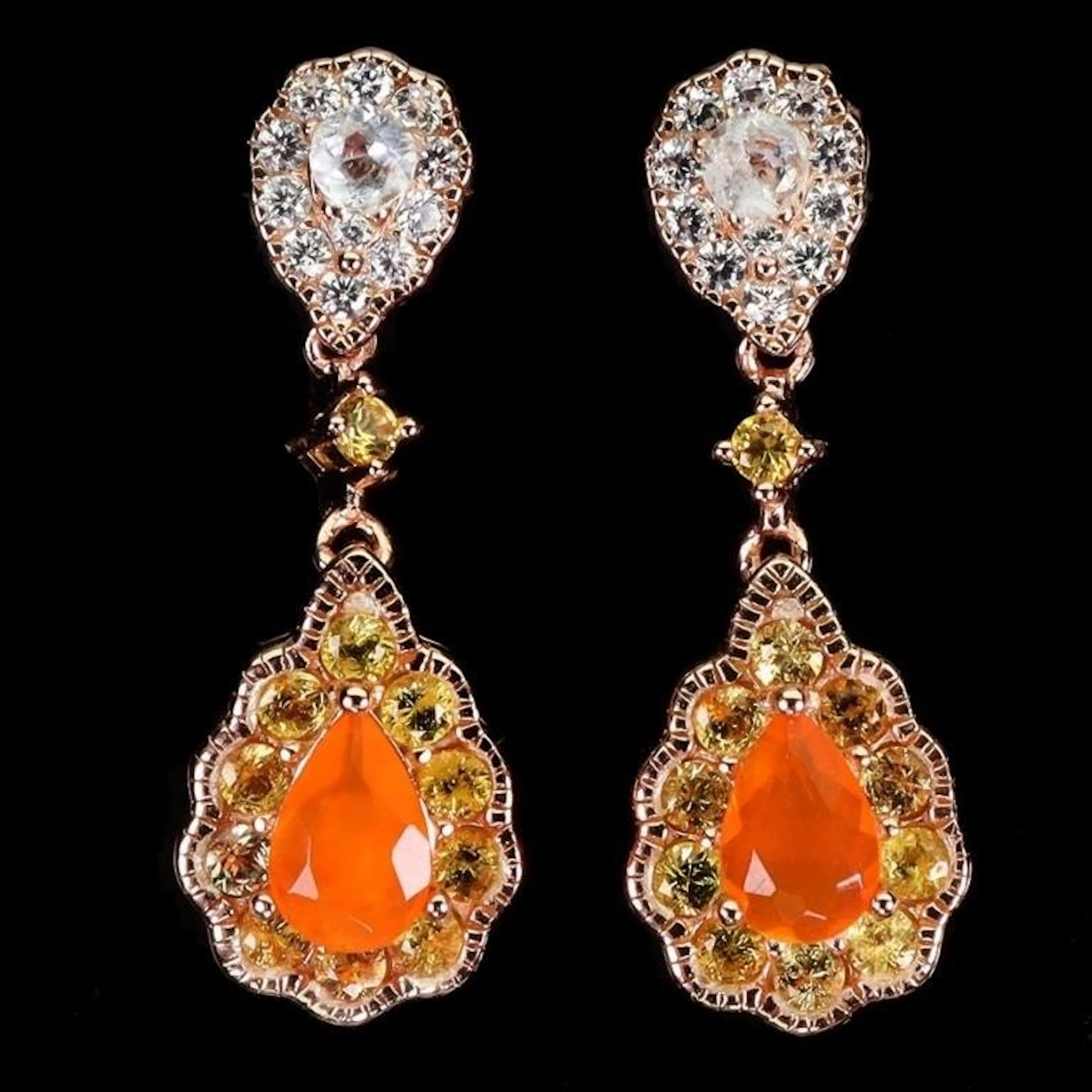 Natural Ethopian Orange Opal Aquamarine Earrings