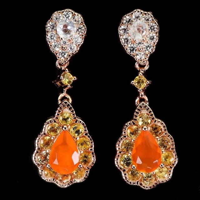 Natural Ethopian Orange Opal Aquamarine Earrings