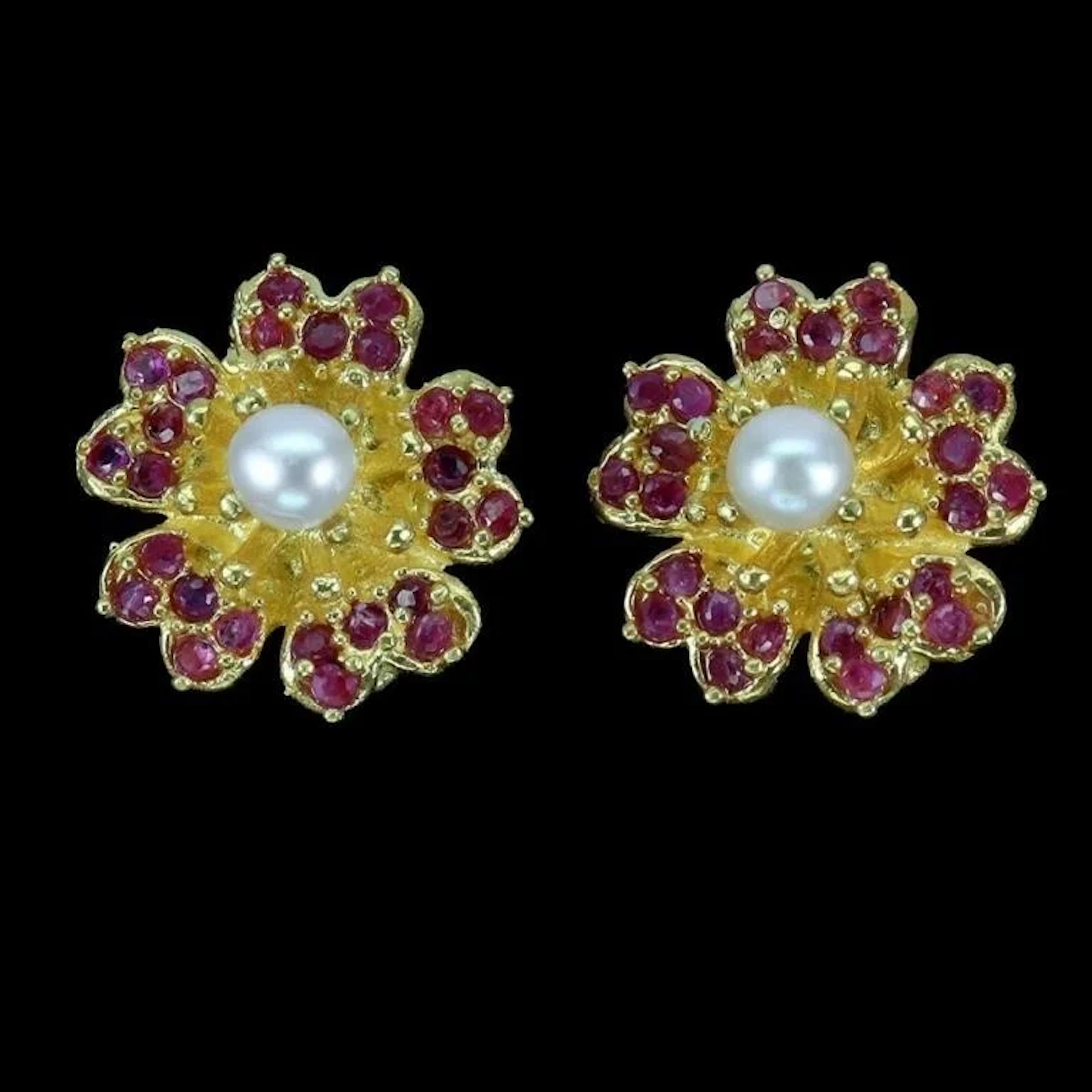 Natural Red Ruby & Pearl Earrings