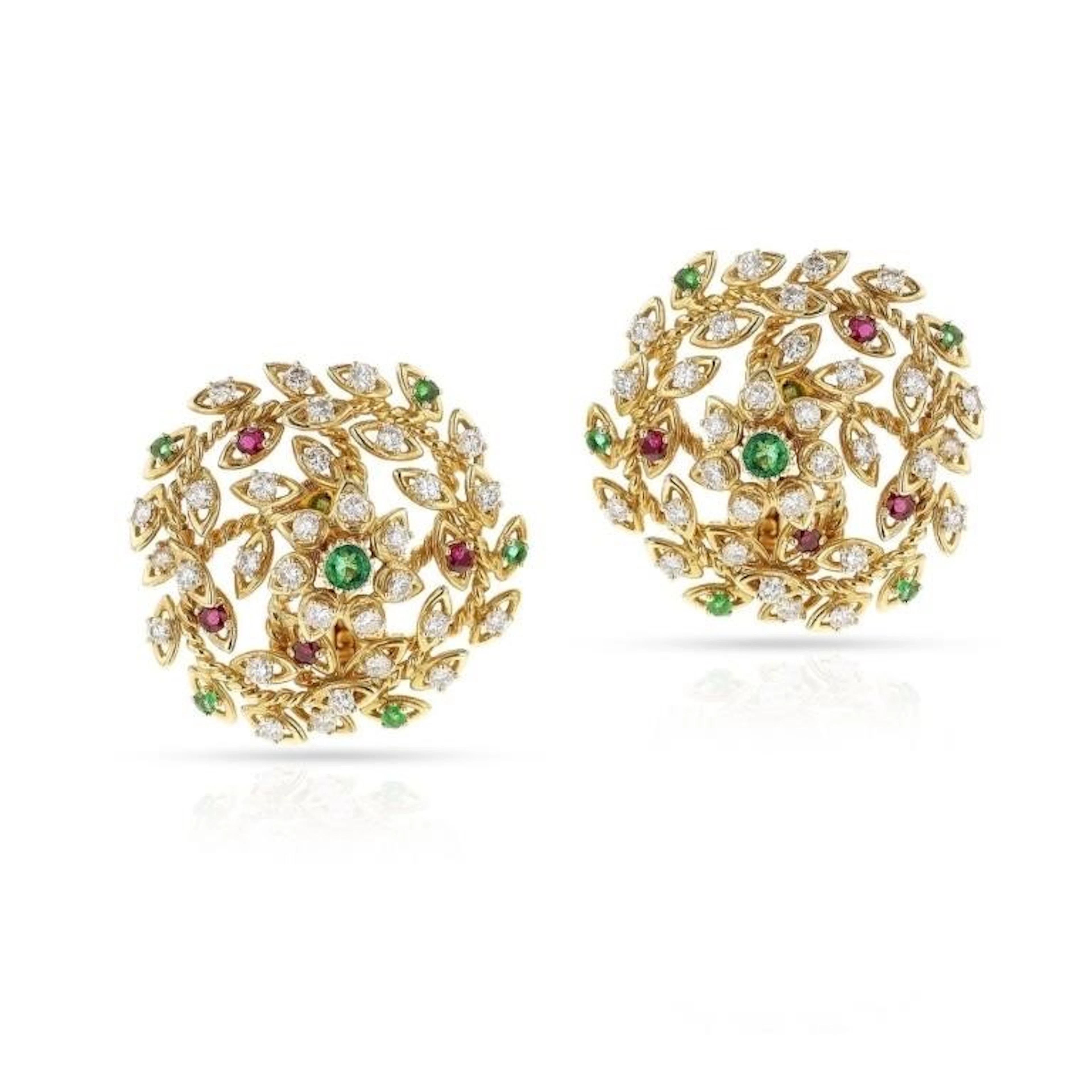 Natural Emerald Ruby Diamond 3.57 Cts Gold Earring