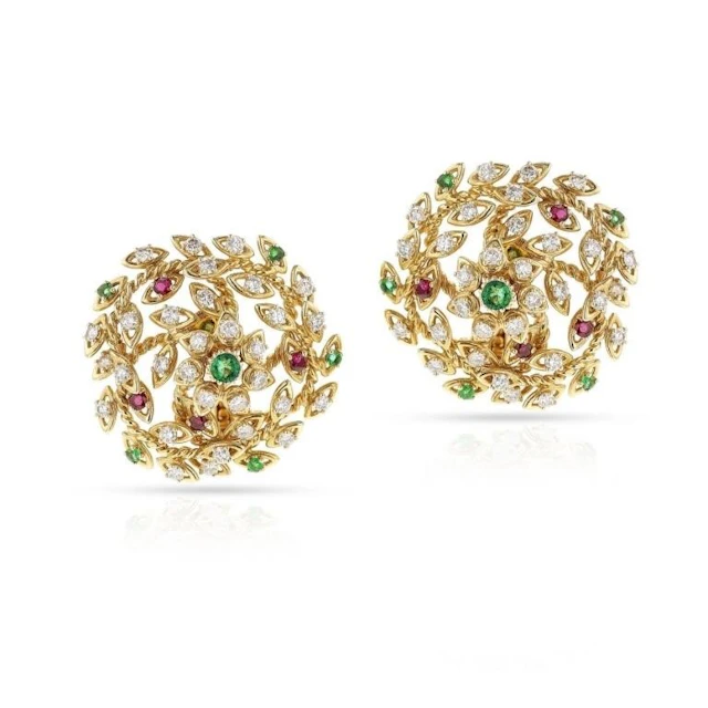 Natural Emerald Ruby Diamond 3.57 Cts Gold Earring