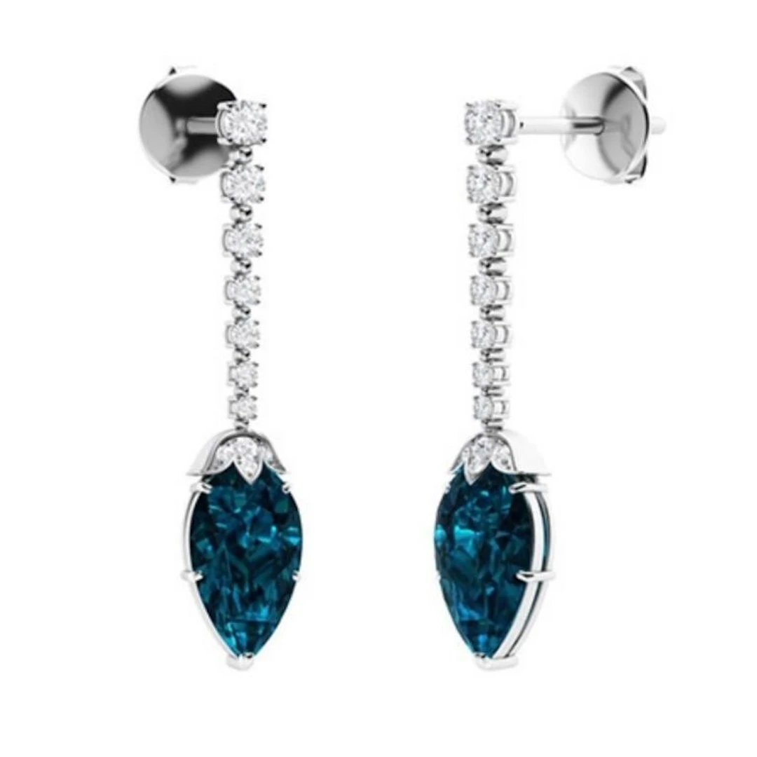 Gold Natural London Topaz Diamonds Drop EarRings