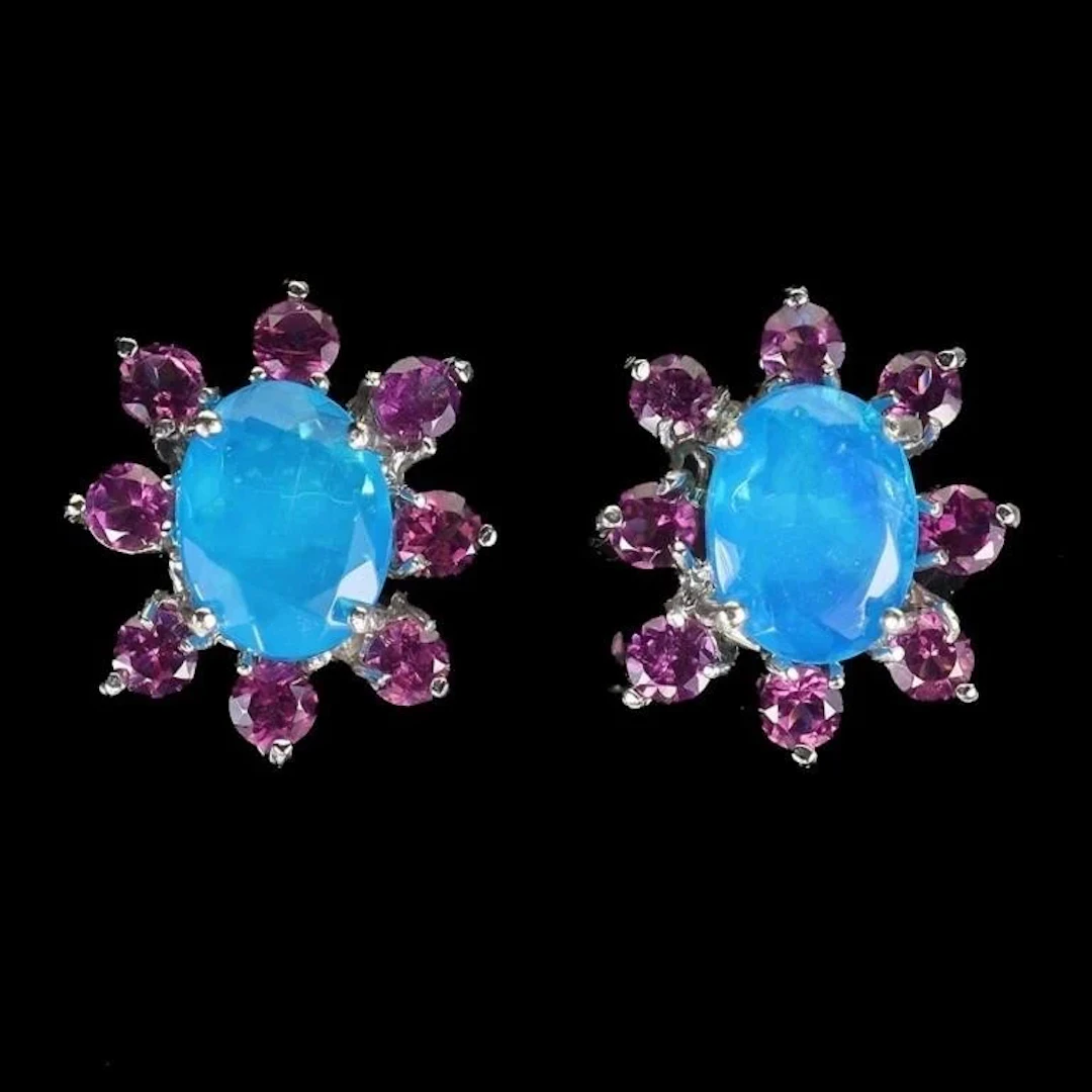 Natural Ethopian Blue Opal Rhodolite Garnet Earrin