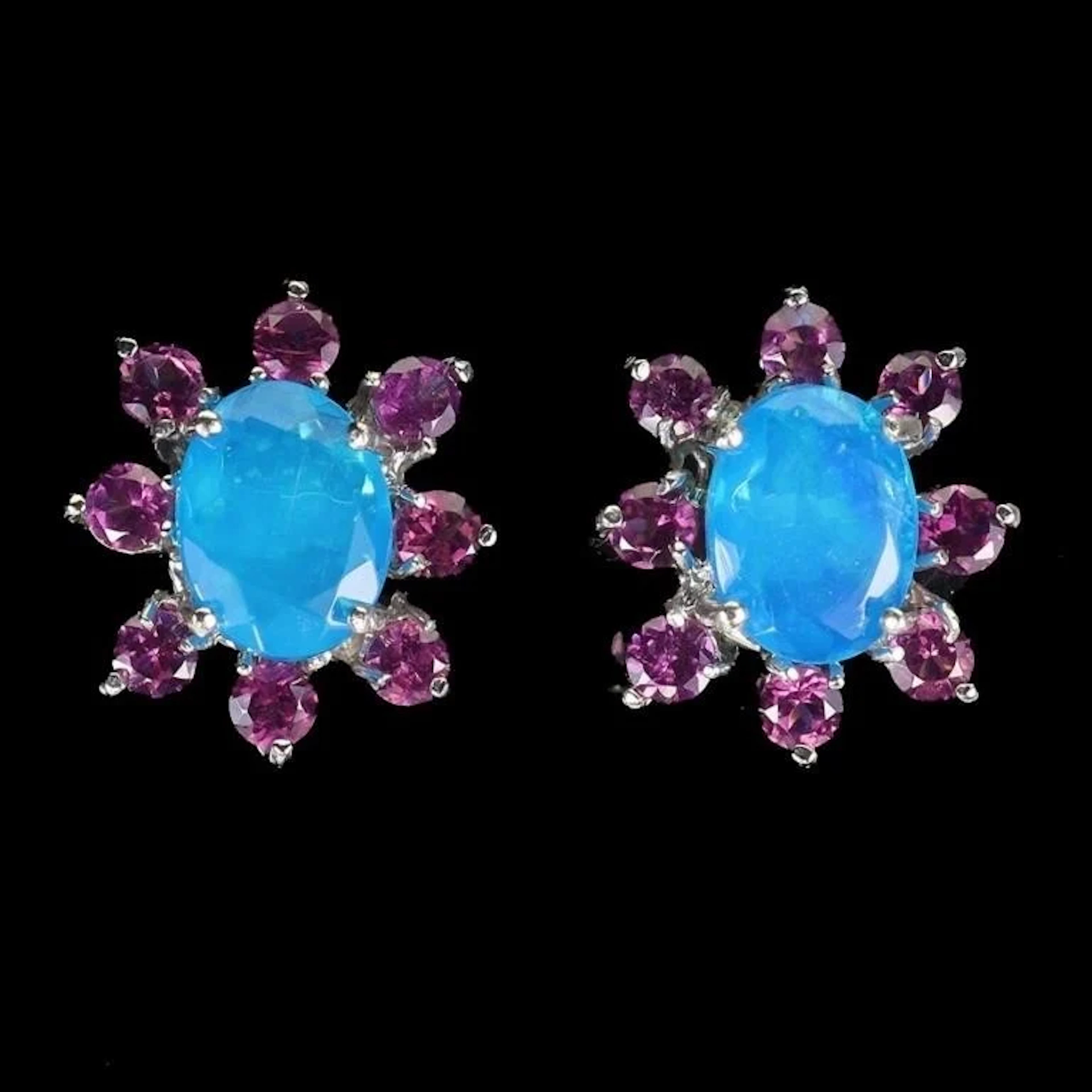 Natural Ethopian Blue Opal Rhodolite Garnet Earrin