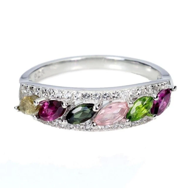 Natural Multi Color Tourmaline & White Topaz Ring