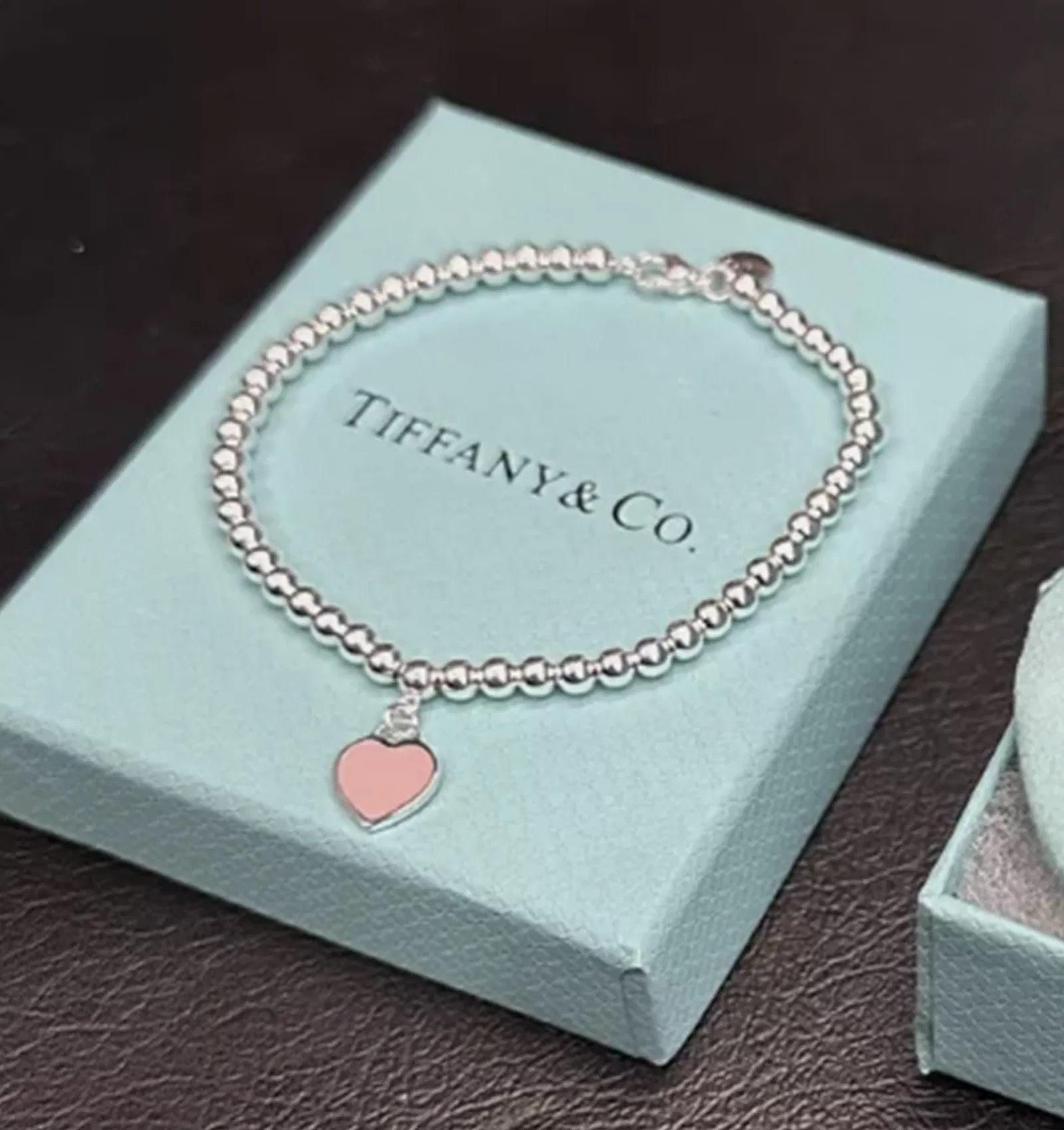 Tiffany Sterling Silver Pink Heart Bracelet And Box