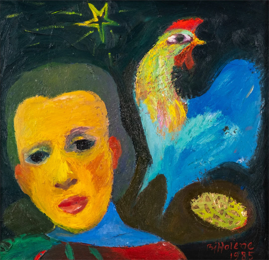 Bjørg Holene (1947 - ) "Kvinne med hane og egg" 1985