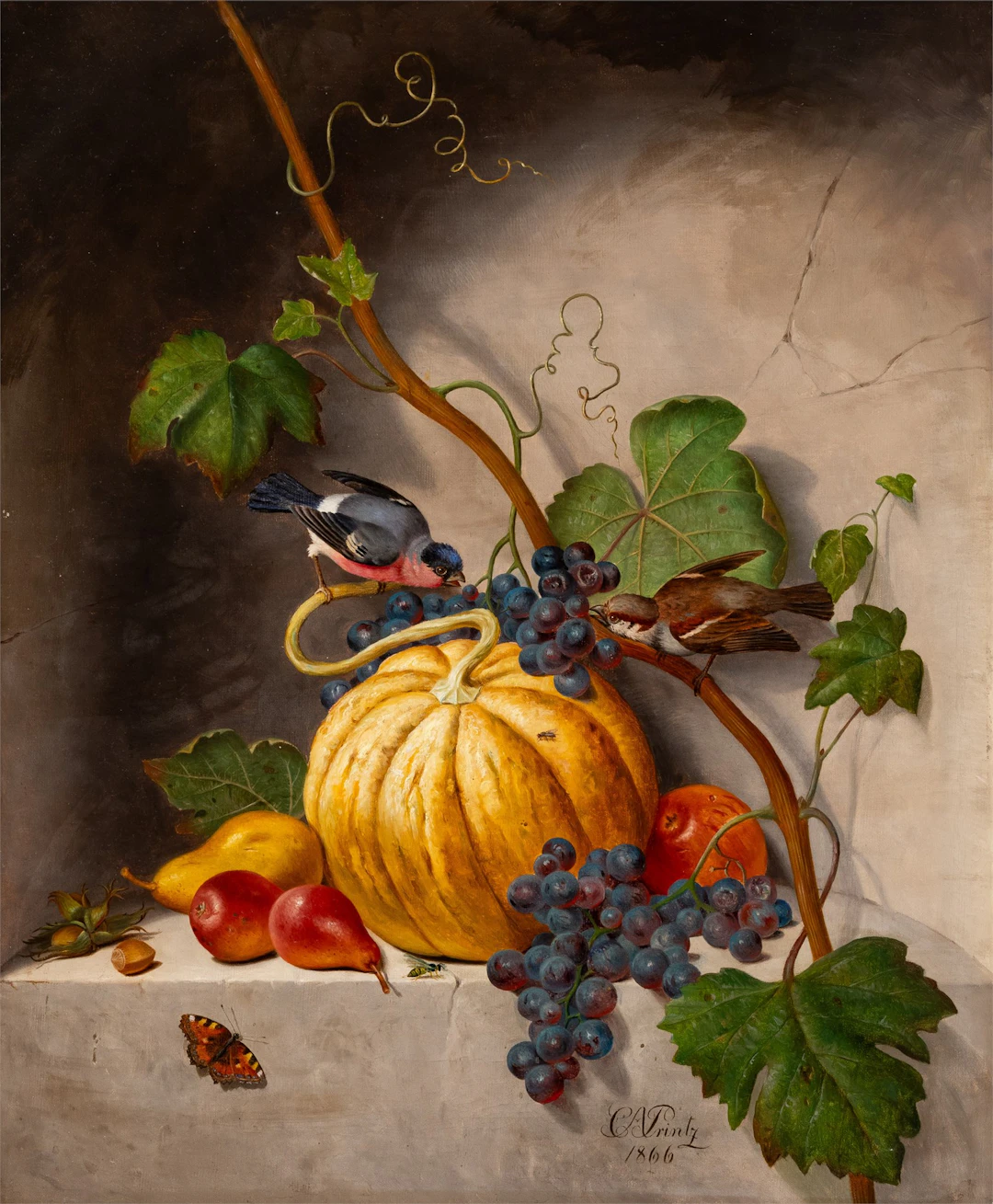 Christian August Printz (1819 - 1867) Stilleben med småfugl, 1866