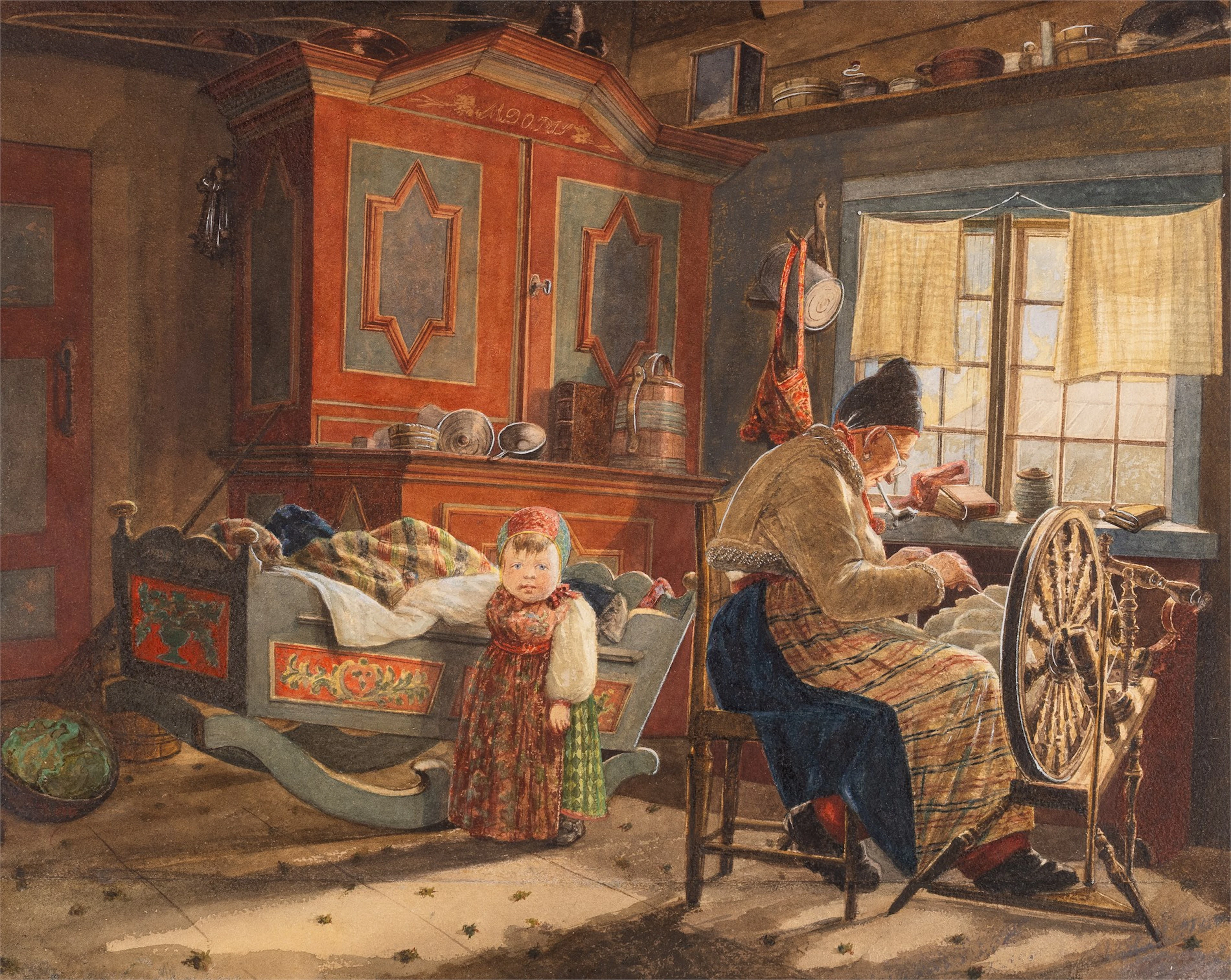 Hans Johan Frederik Berg (1813 - 1874) Spinnerske og barn ved vugge