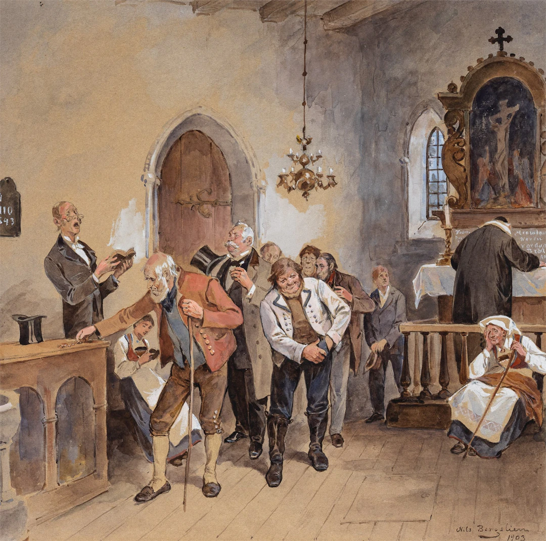 Nils Bergslien (1853 - 1928) "Kyrkjeofring i Eidfjord kirke" 1903