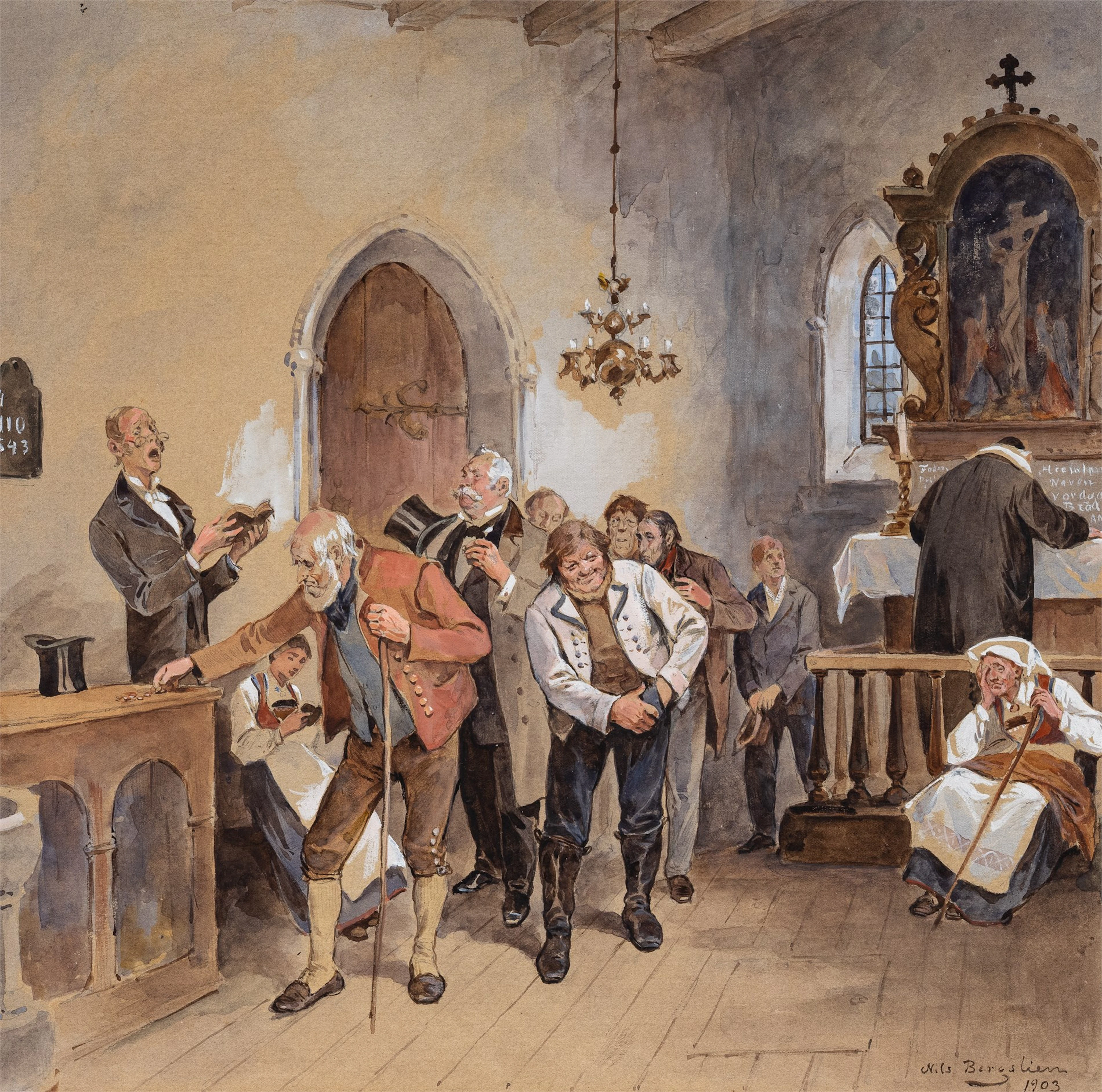 Nils Bergslien (1853 - 1928) "Kyrkjeofring i Eidfjord kirke" 1903