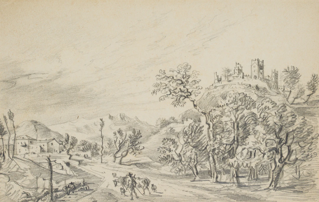 Hügelige mediterrane Landschaft mit Hirte | 45474