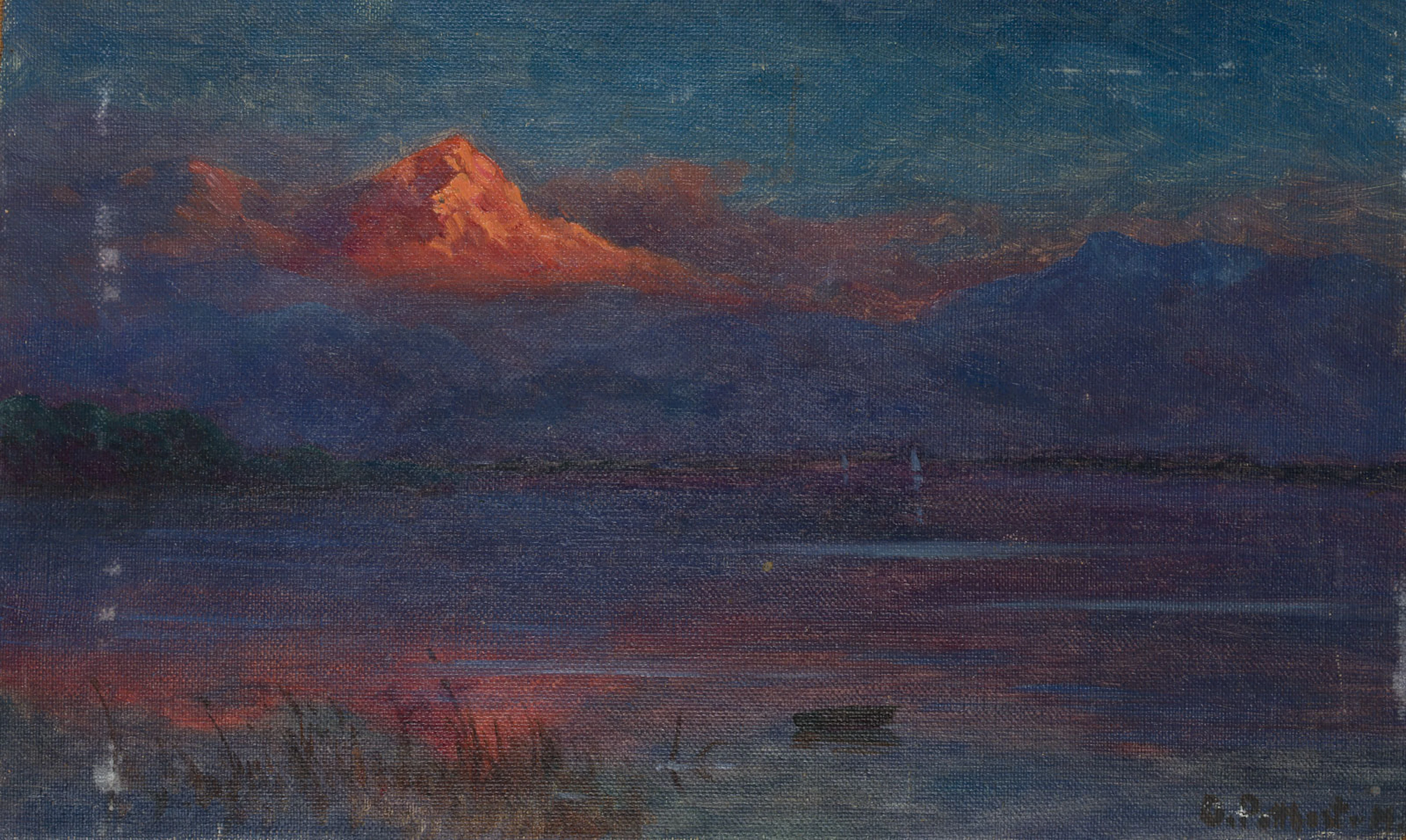 Blick über See mit Abendröte vor Gebirgskulisse | 32625
