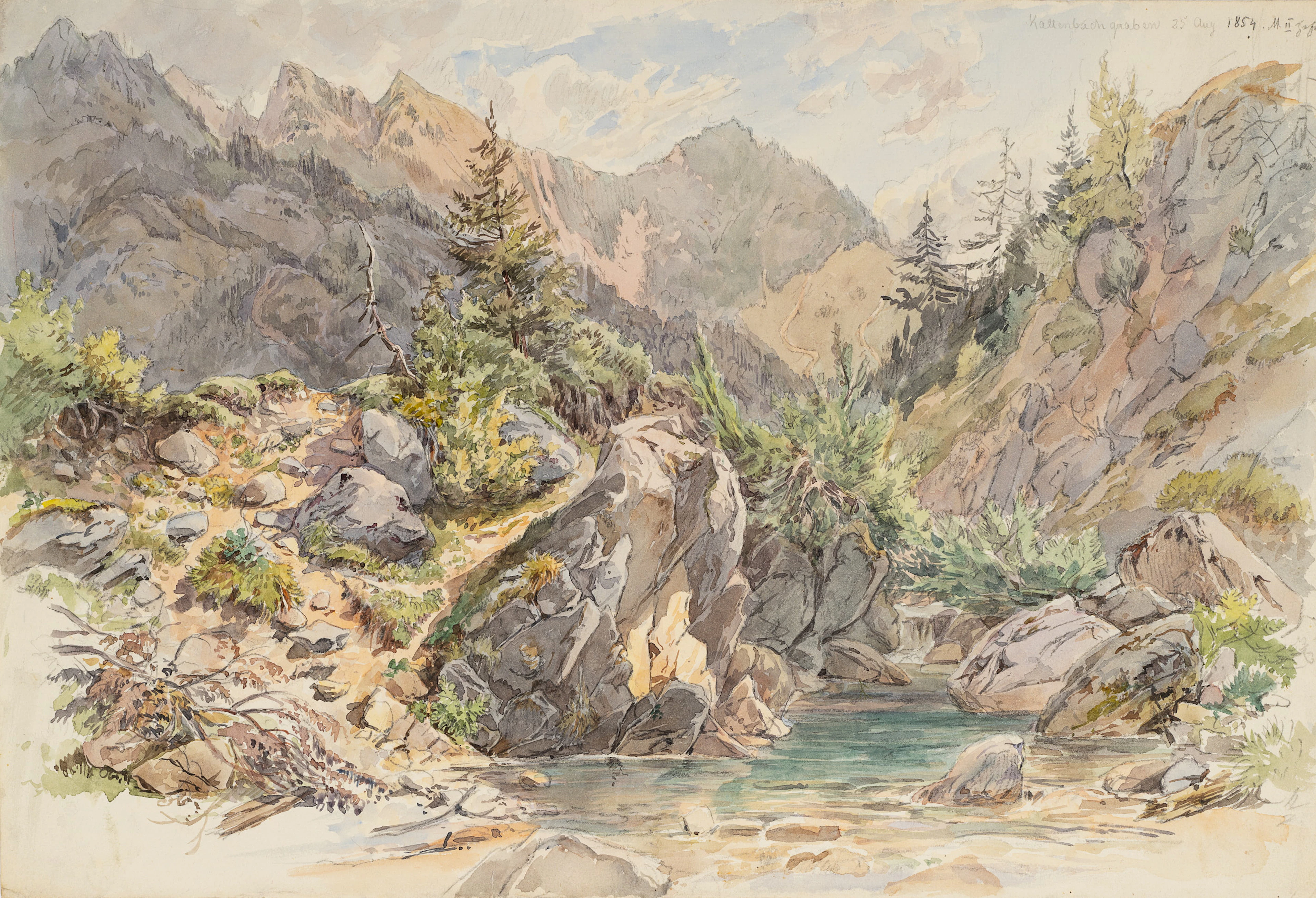 Georg Wiesend (1807 Kufstein - 1881 Berchtesgaden), Uferstück am Kaltenbachgrabe