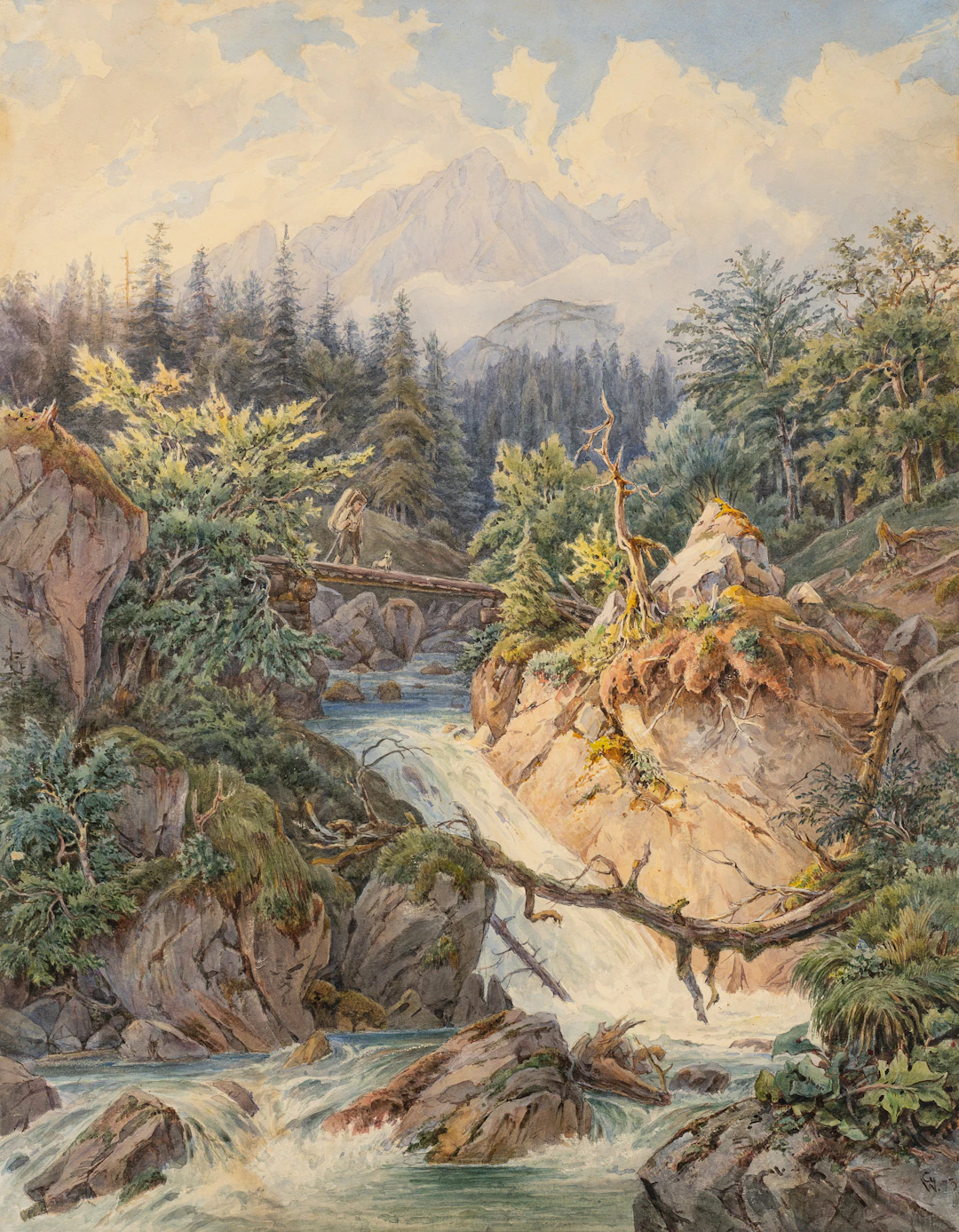 Georg Wiesend (1807 Kufstein - 1881 Berchtesgaden), Steg mit Wanderer
