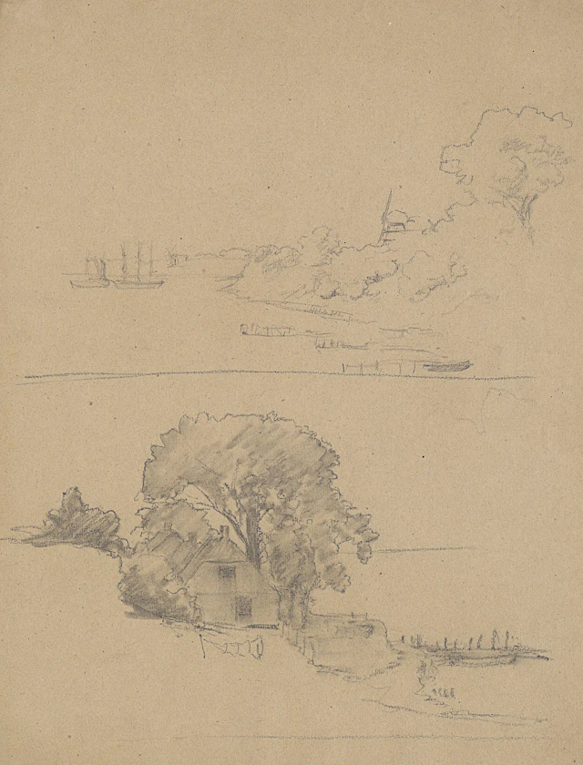 Zweiteilige Landschaftsstudie mit Hafen und Haus | 61970