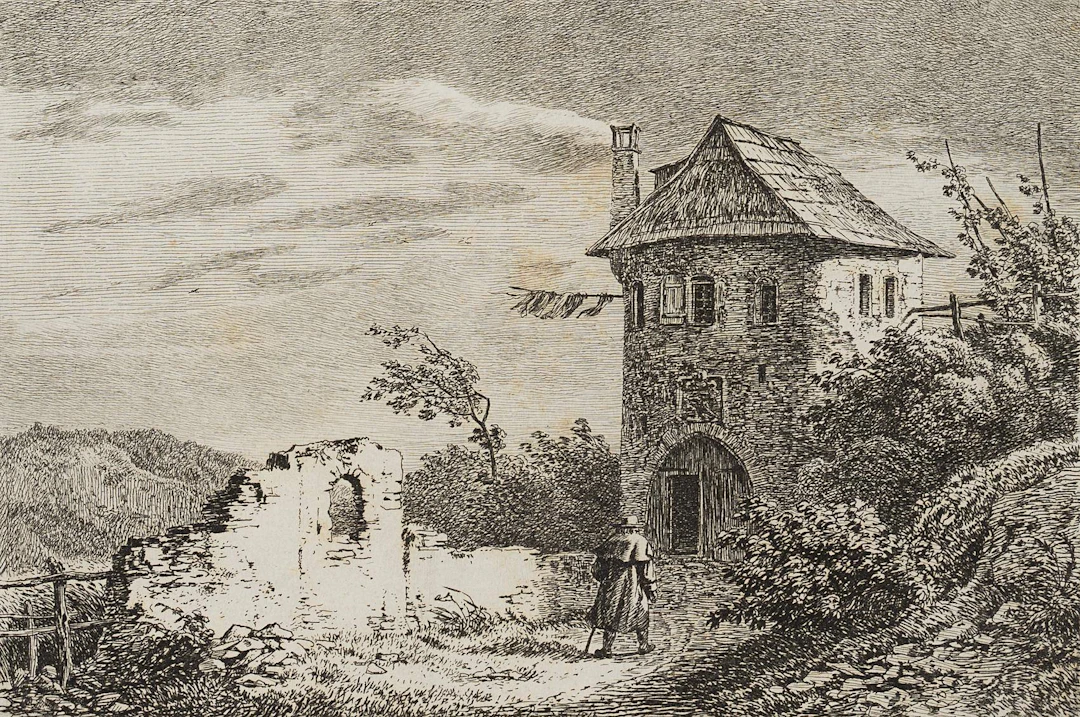 Heimkehrender Wanderer an alter Burg | 17104