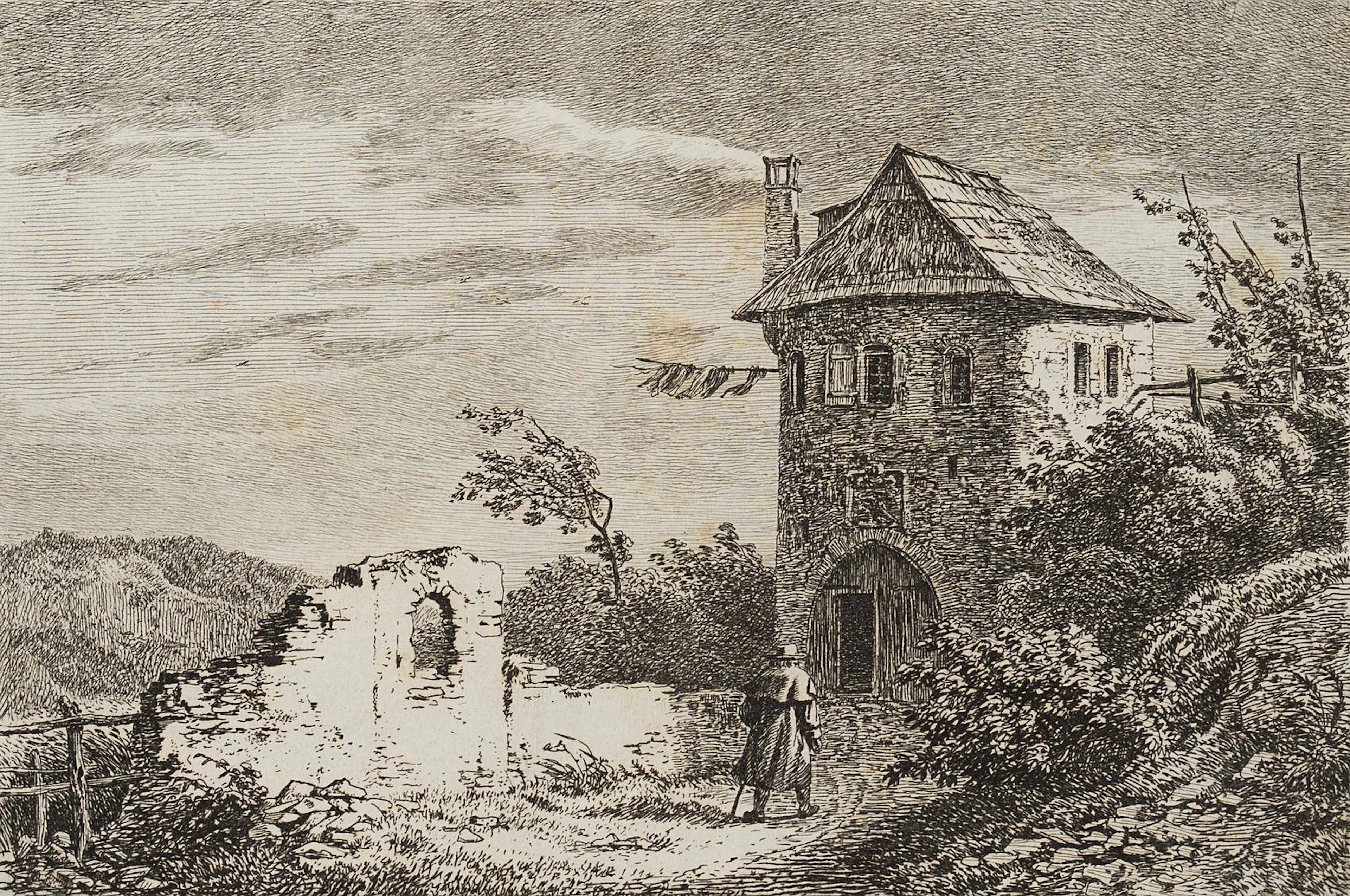 Heimkehrender Wanderer an alter Burg | 17104