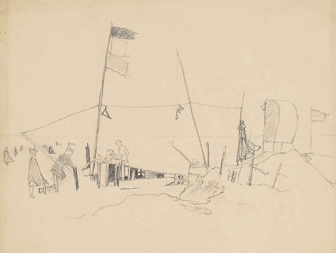 Vorzeichnung: Strand mit Badegästen und Flaggen | 61914