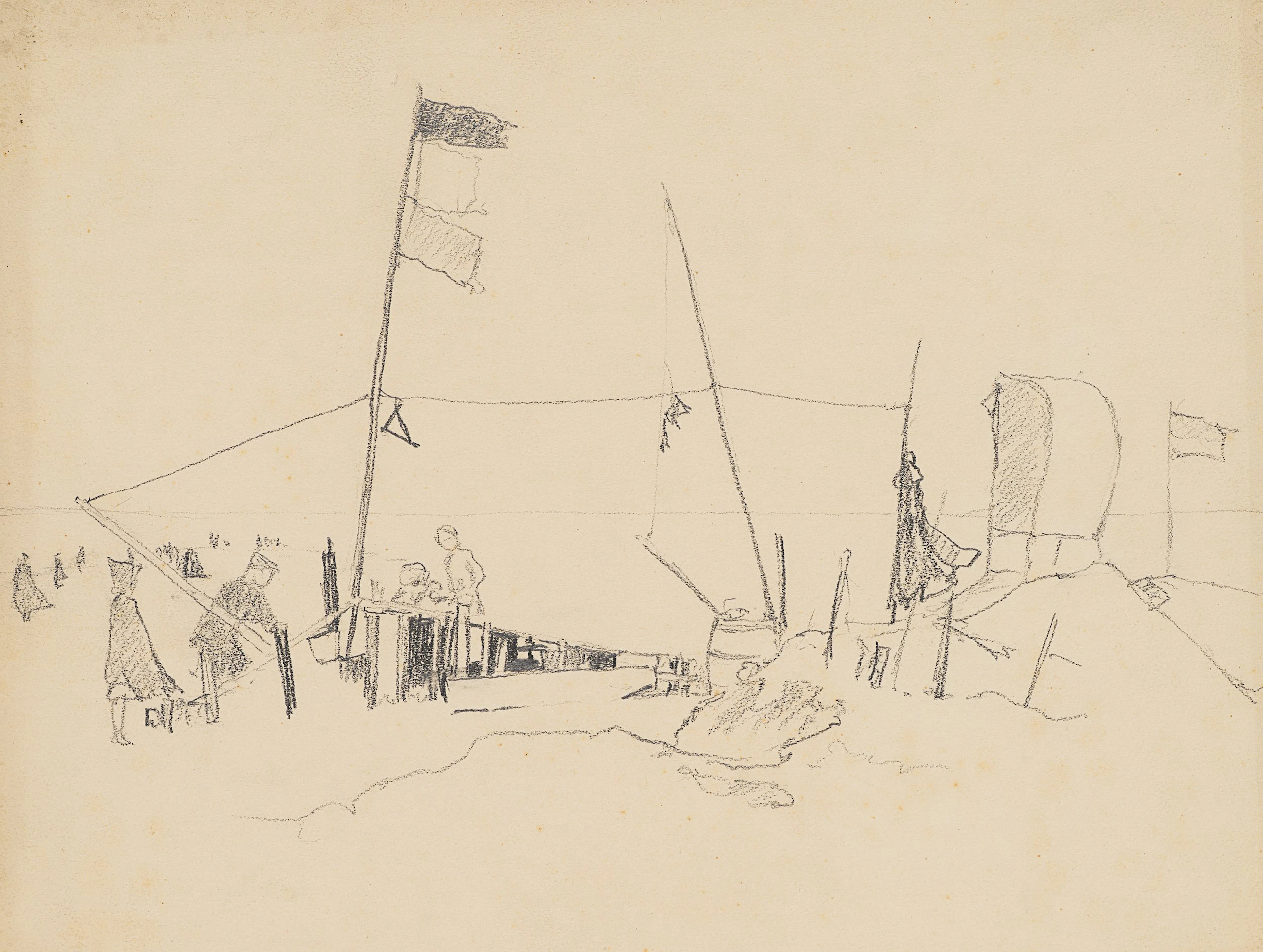 Vorzeichnung: Strand mit Badegästen und Flaggen | 61914