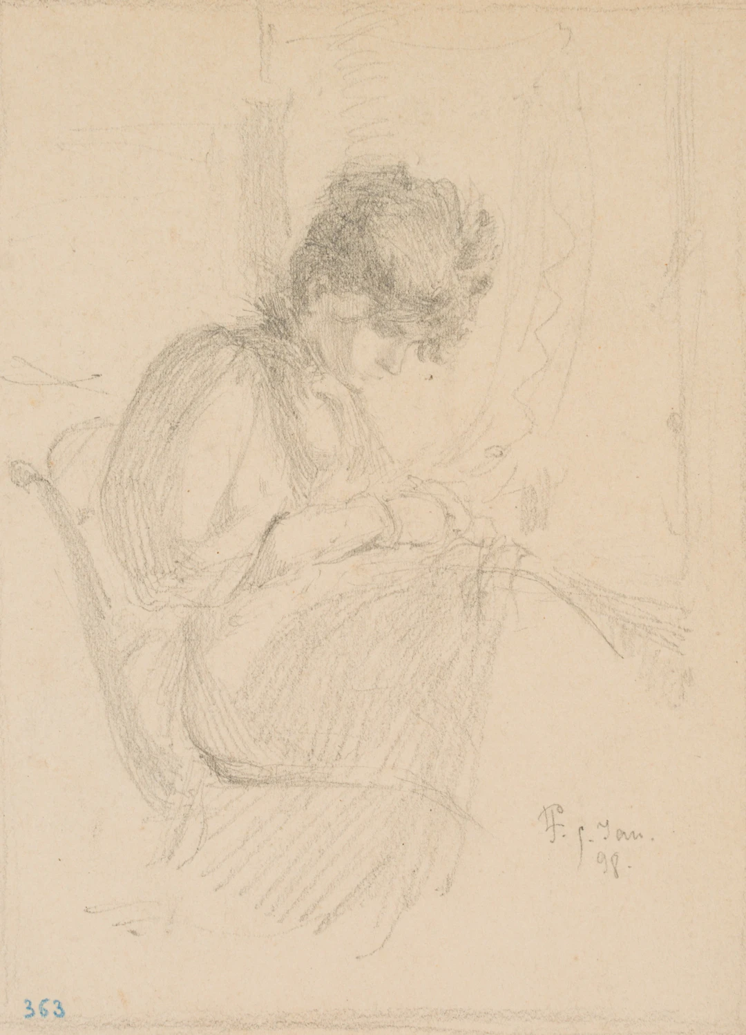 Leo Primavesi (1871 Köln - nach 1937 ), Strickende Frau, in die Handarbeit