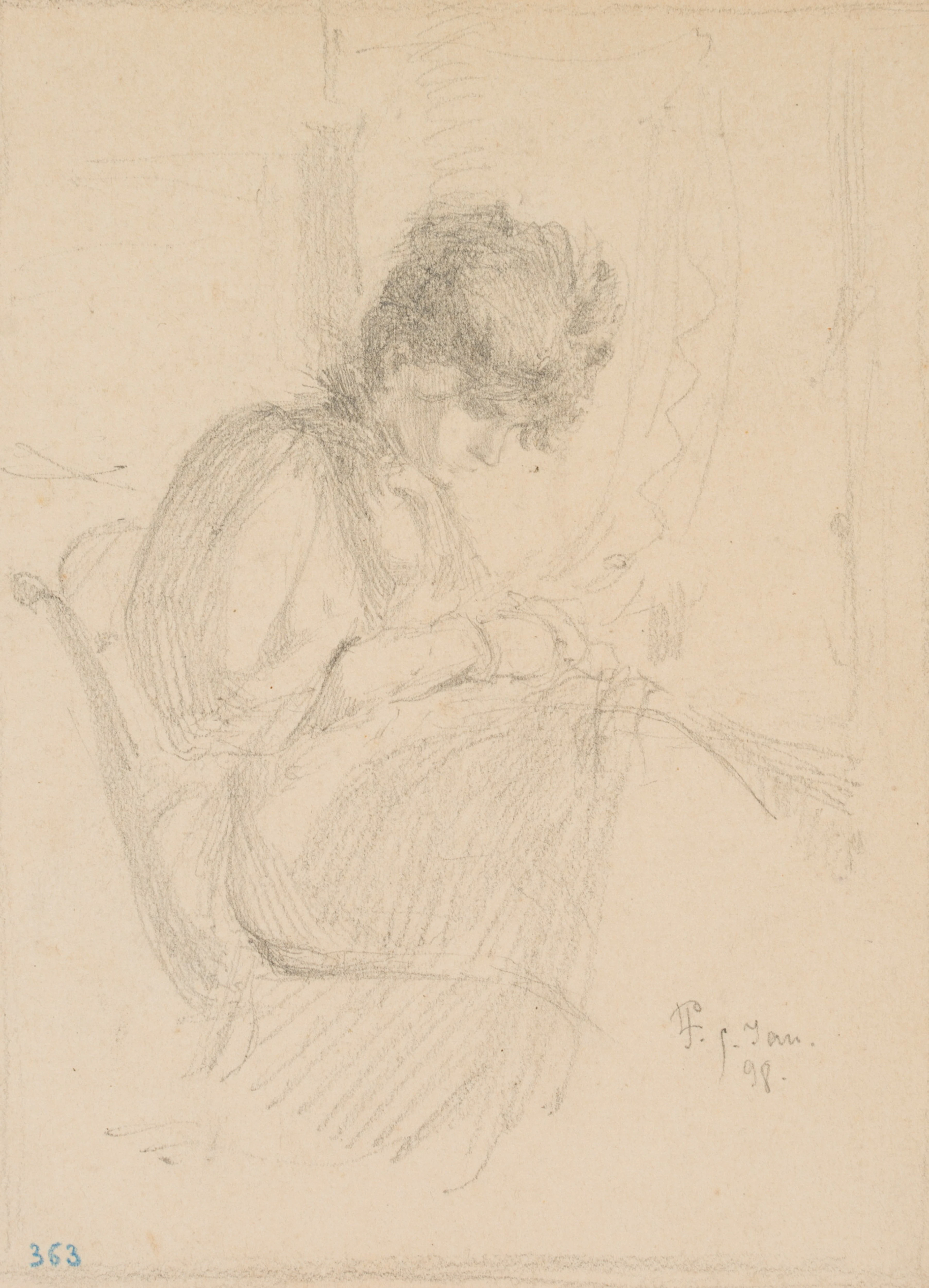 Leo Primavesi (1871 Köln - nach 1937 ), Strickende Frau, in die Handarbeit