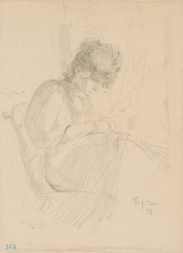 Leo Primavesi (1871 Köln - nach 1937 ), Strickende Frau, in die Handarbeit