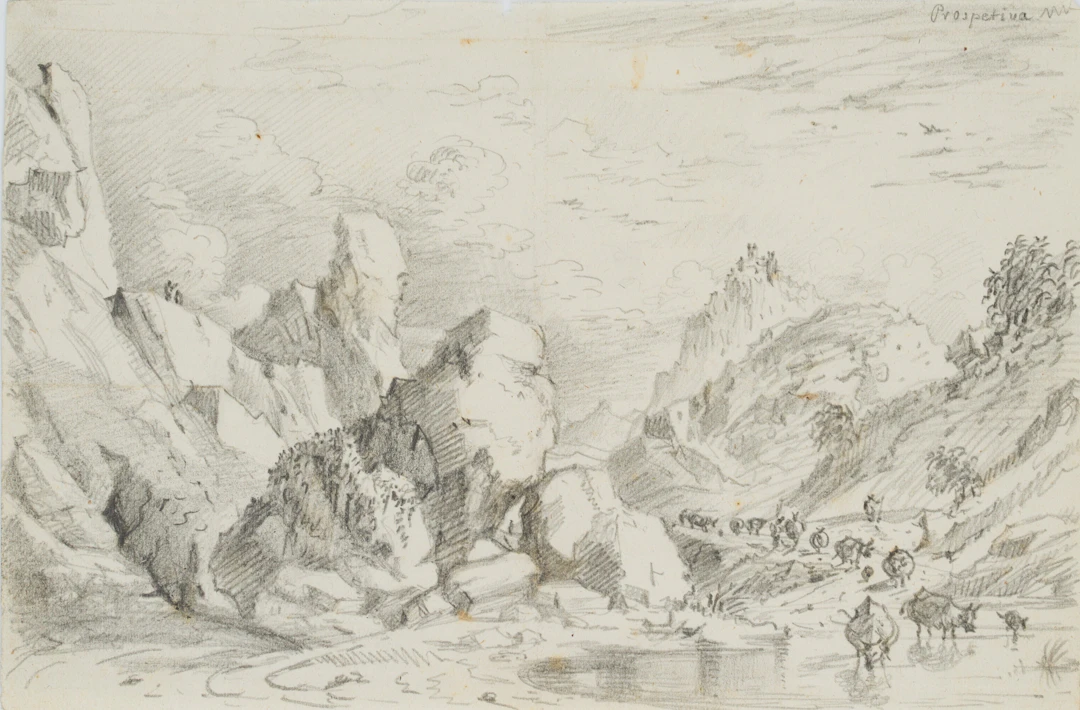 Felsige Landschaft mit Viehherde