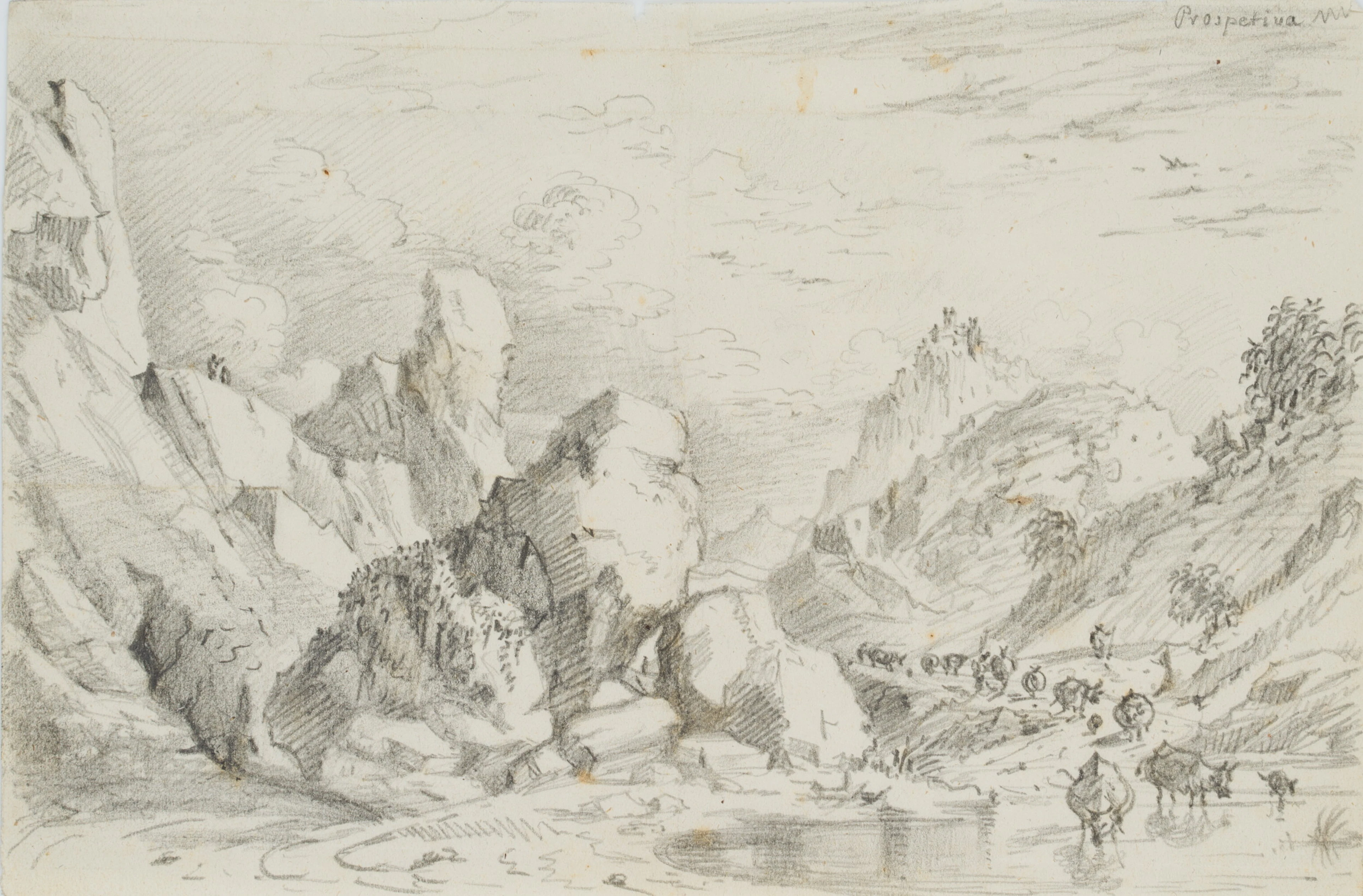 Felsige Landschaft mit Viehherde