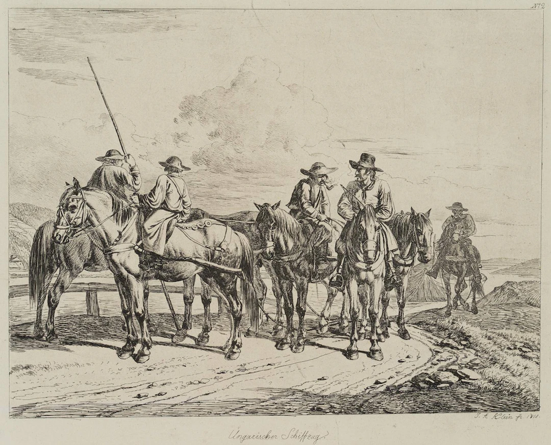 Ungarischer Schiffzug, Treidelpferde mit Reitern | 17224