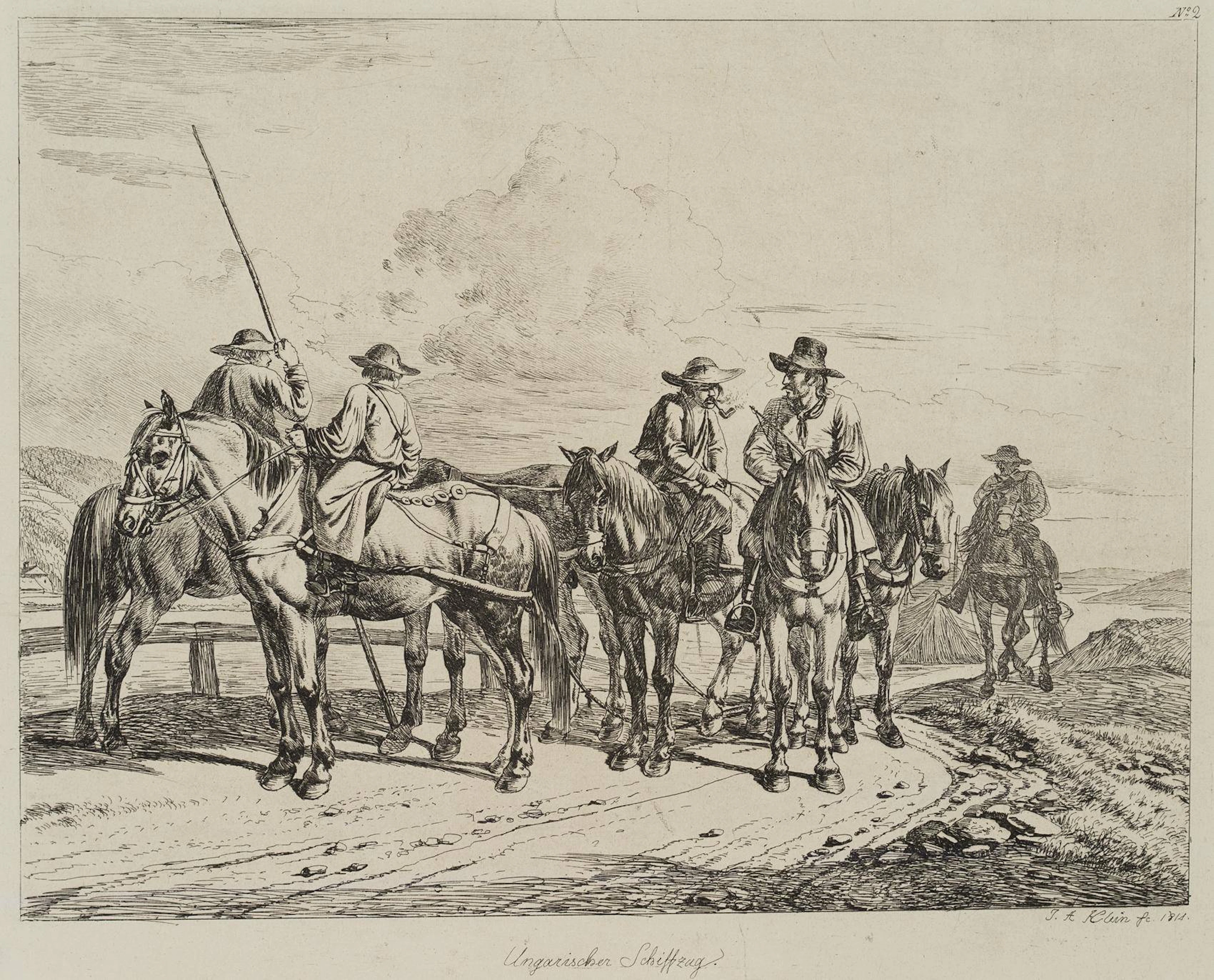 Ungarischer Schiffzug, Treidelpferde mit Reitern | 17224