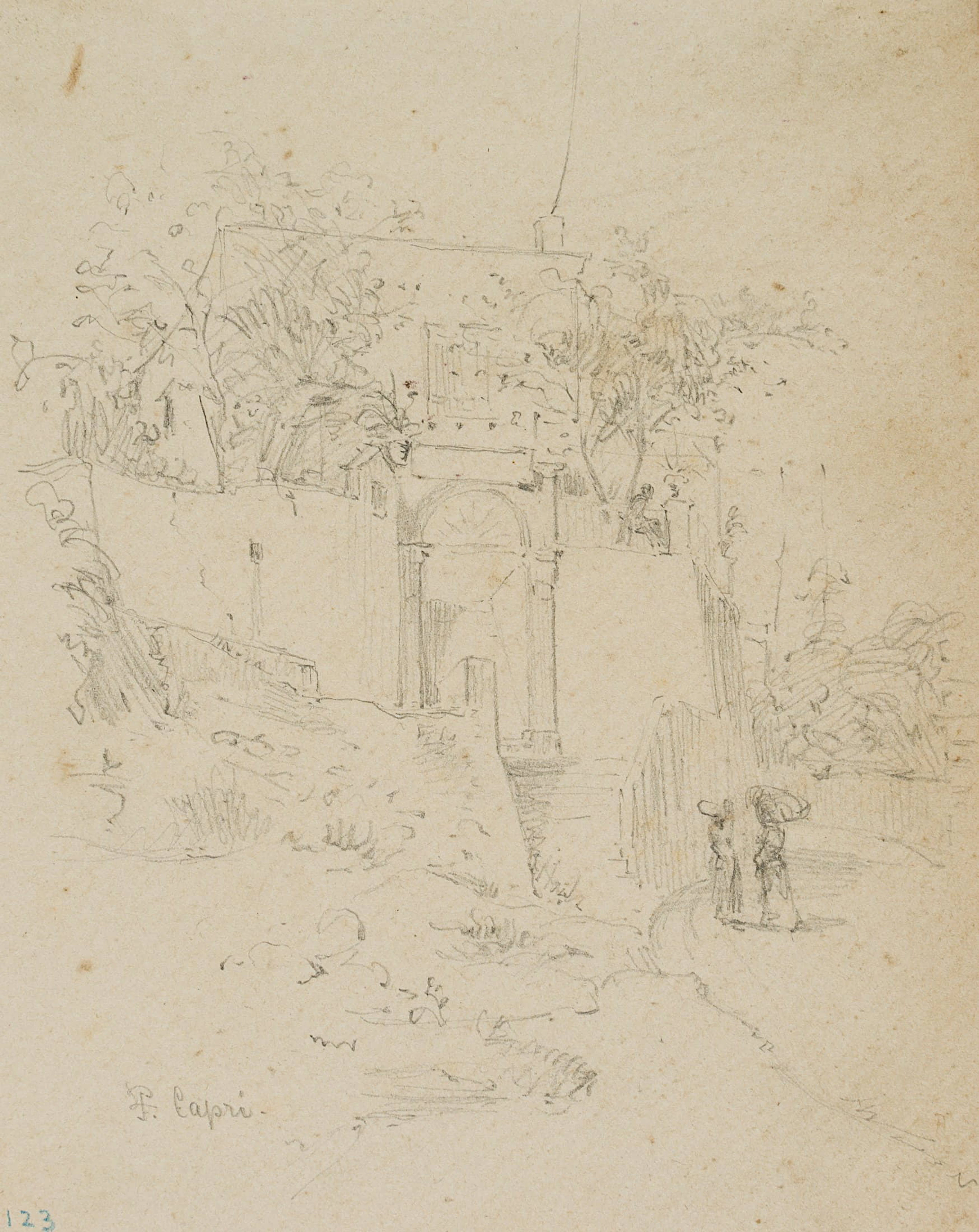 Leo Primavesi (1871 Köln - nach 1937 ), Villa auf Capri, um 1895, Bleistift