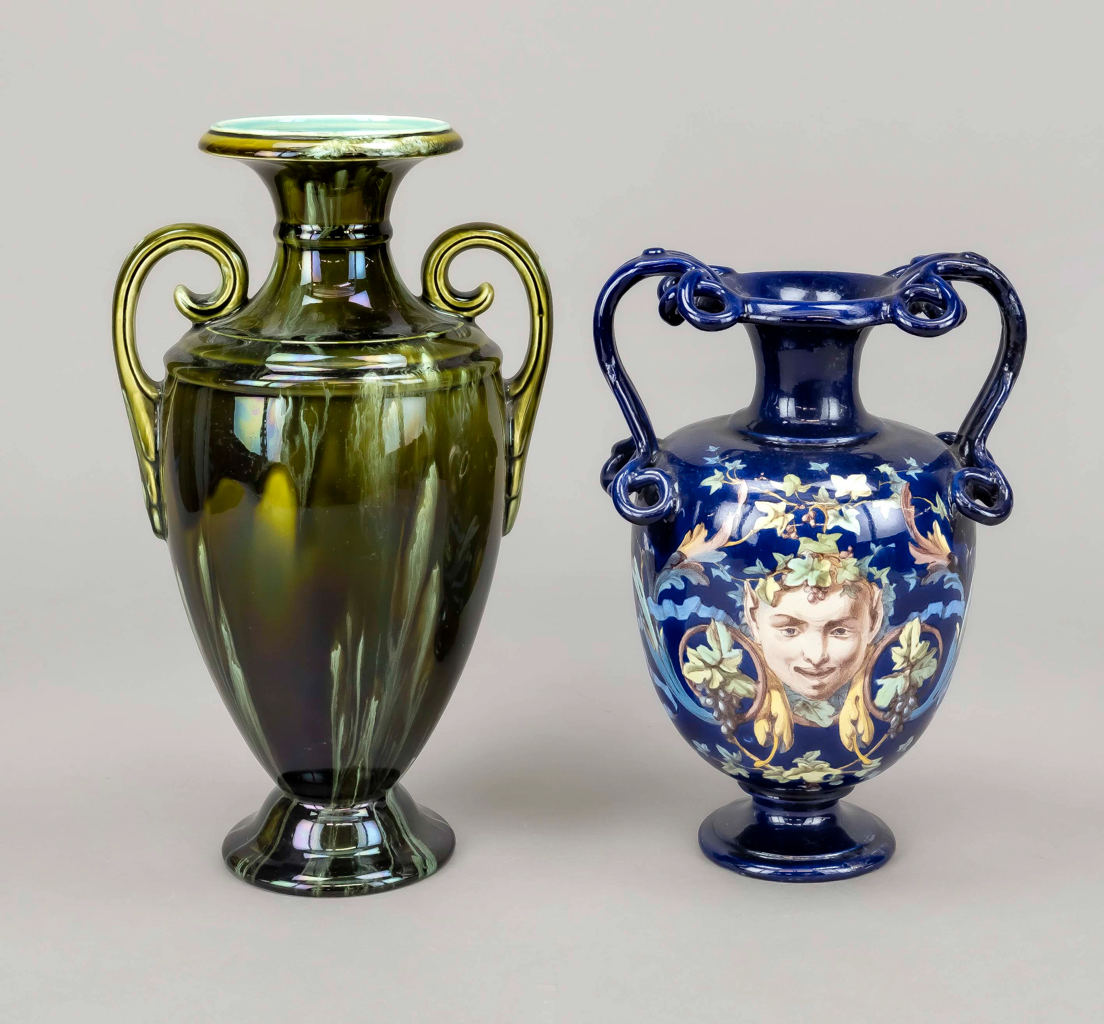 2 Keramikvasen, blaue Vase mit Re