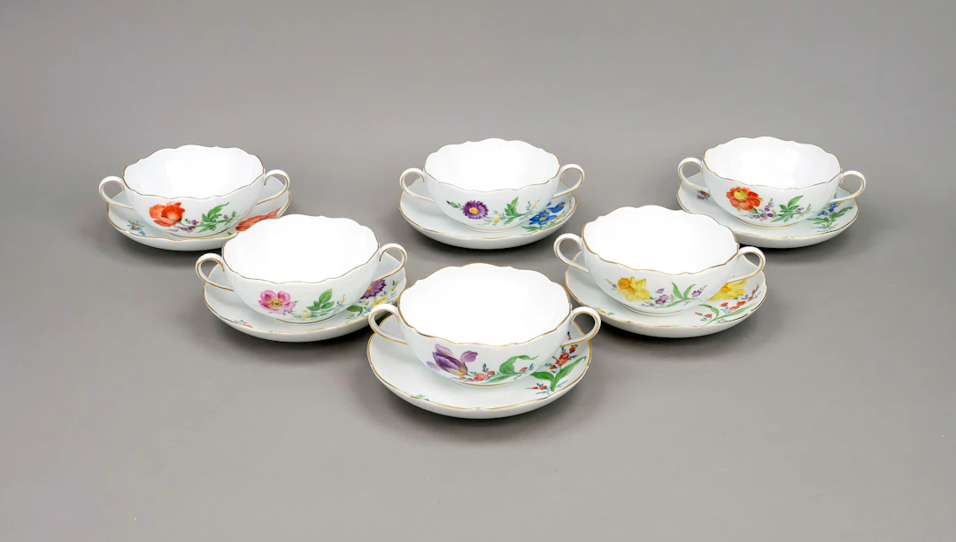 6 Suppentassen mit UT, Meissen, M