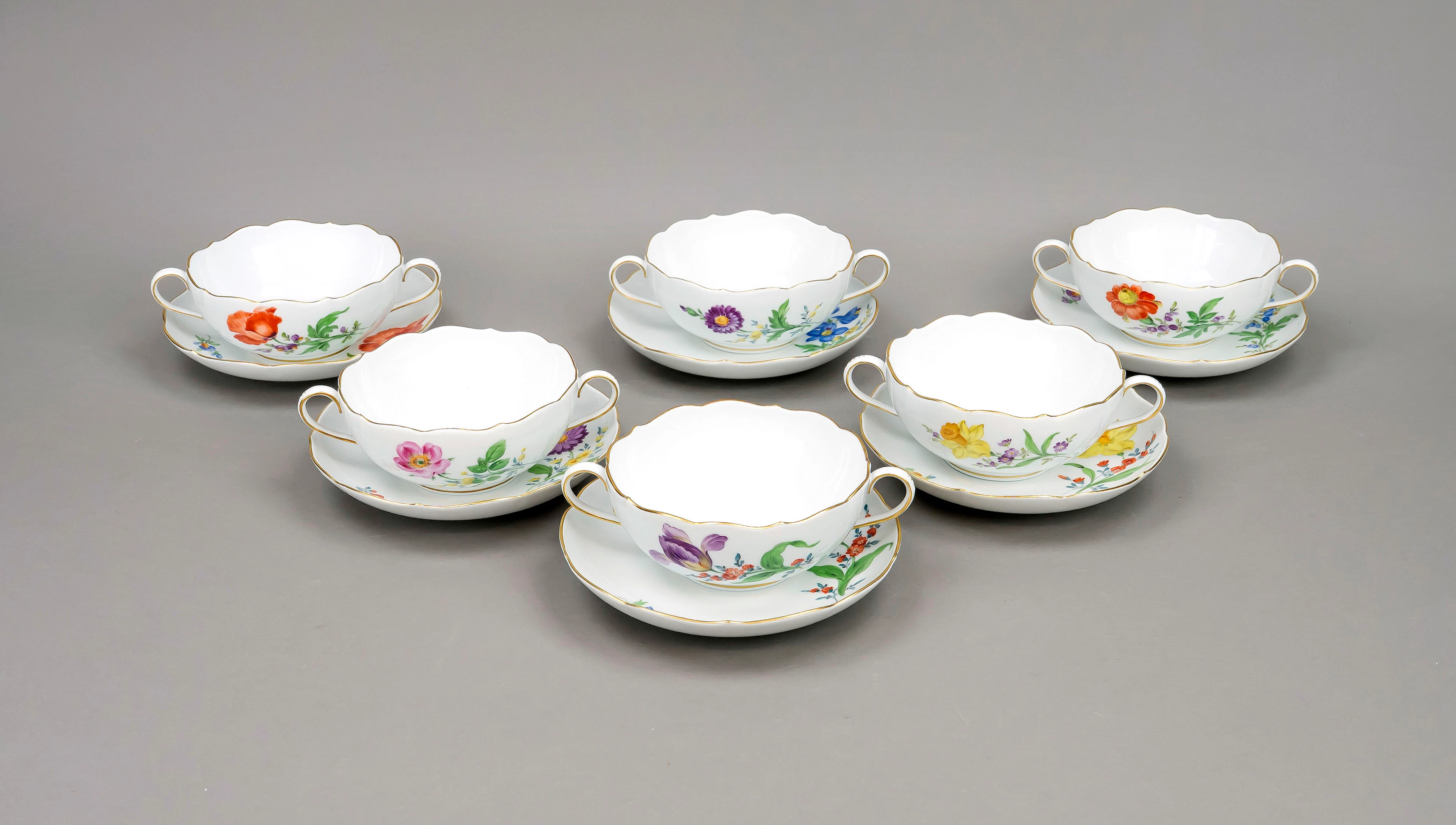 6 Suppentassen mit UT, Meissen, M