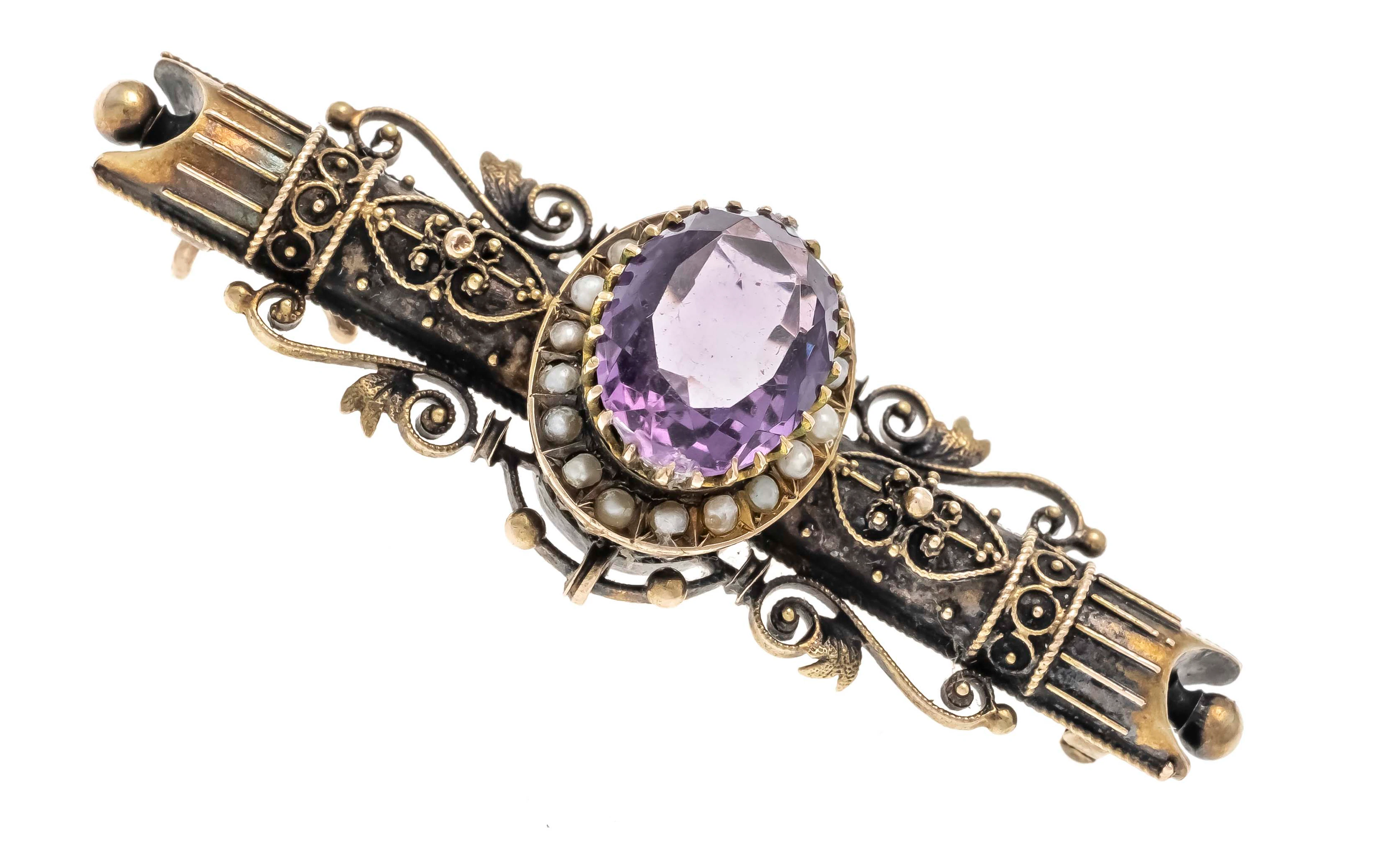 Amethyst-Perlen-Brosche GG 585/000 u