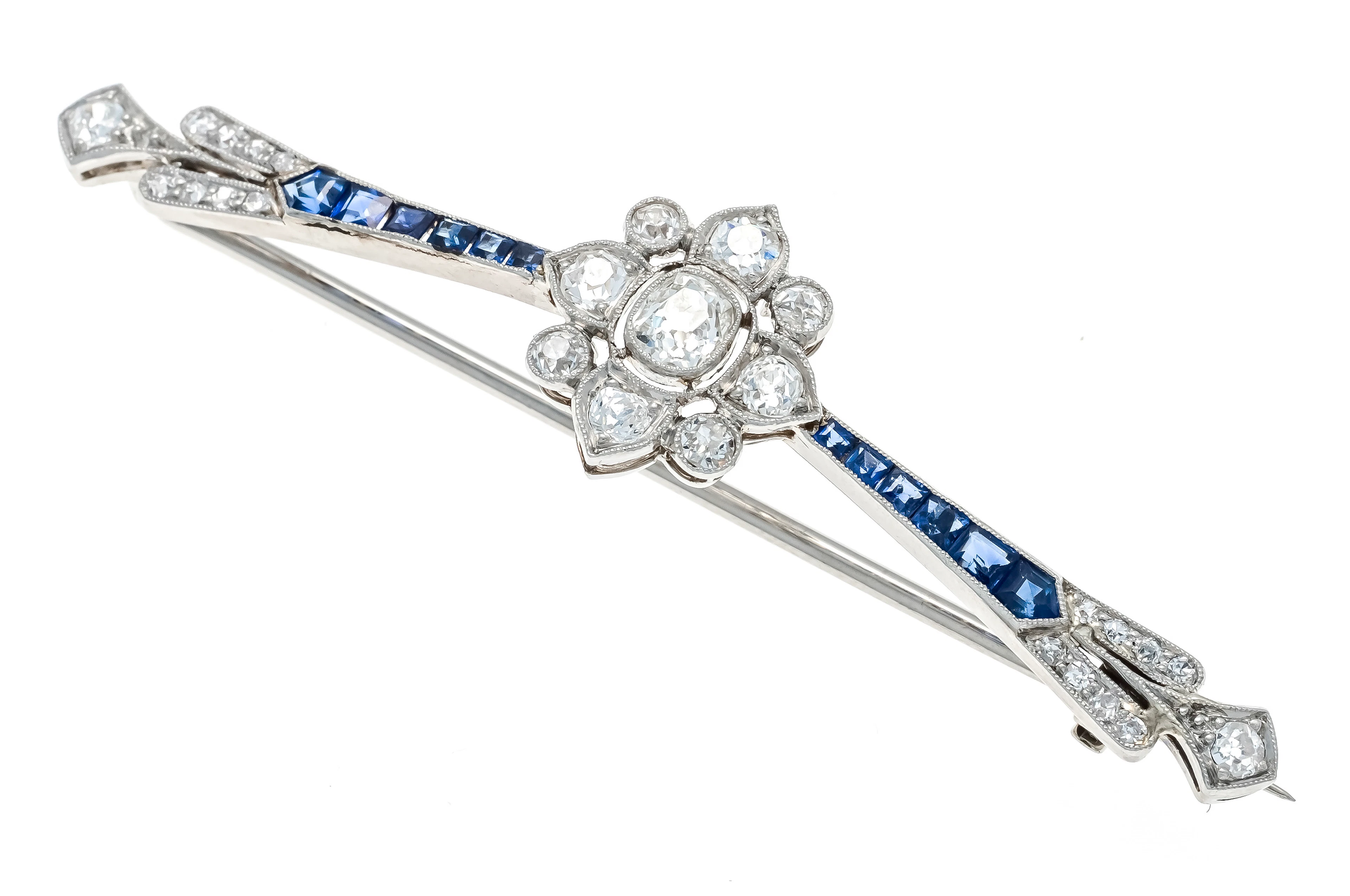 Altschliff-Diamant-Saphir-Brosche
