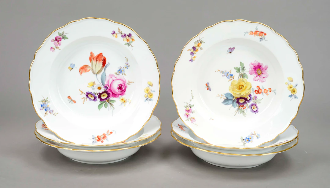 Sechs Suppenteller, Meissen, Knau