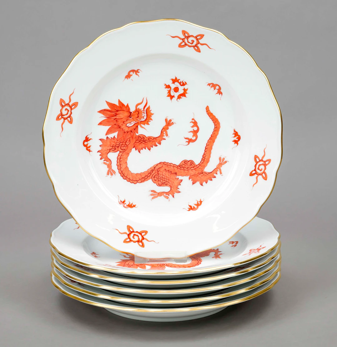 6 flache Speiseteller, Meissen, M