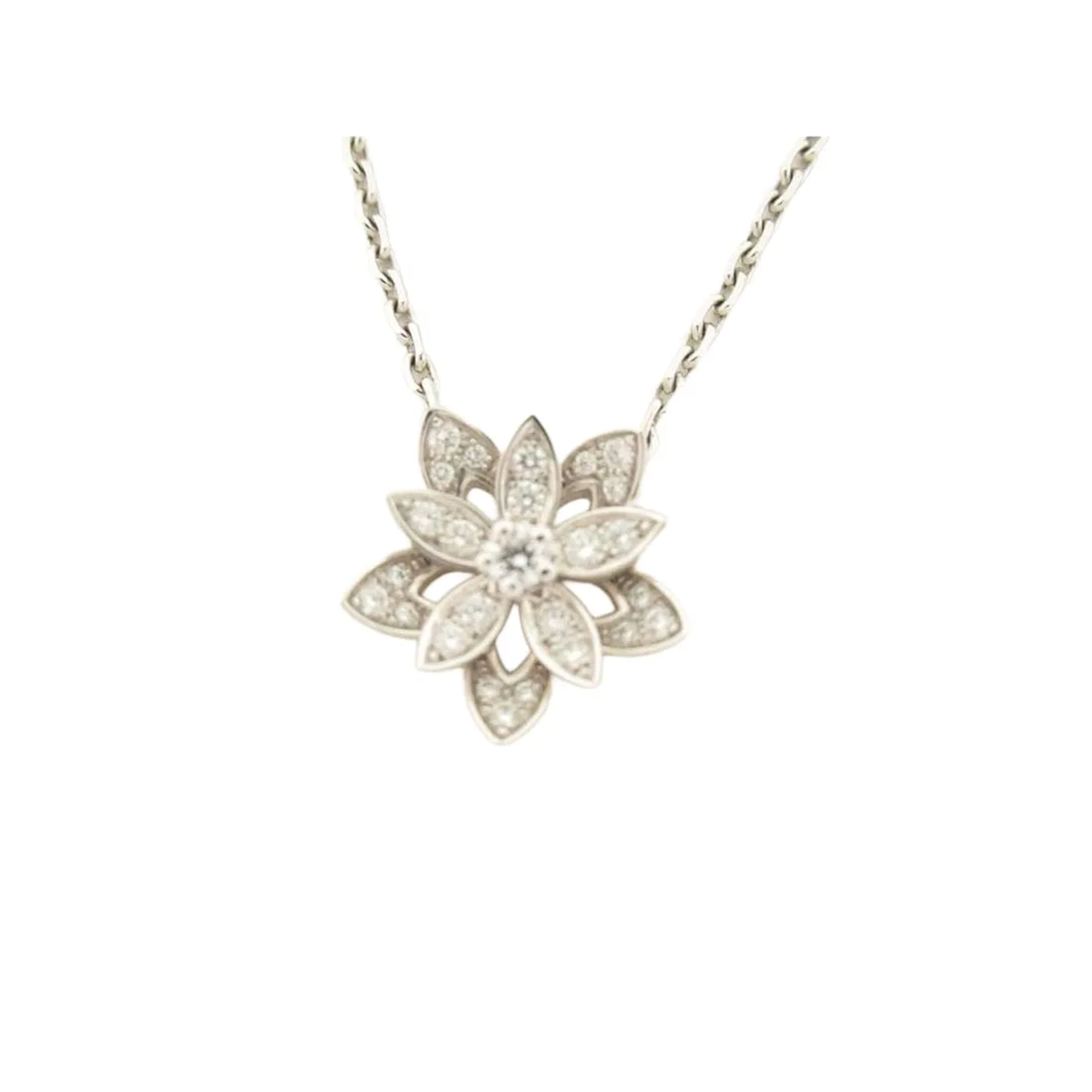 Van Cleef & Arpels Lotus Snowflake Diamond 18K White Gold Pendant Necklace