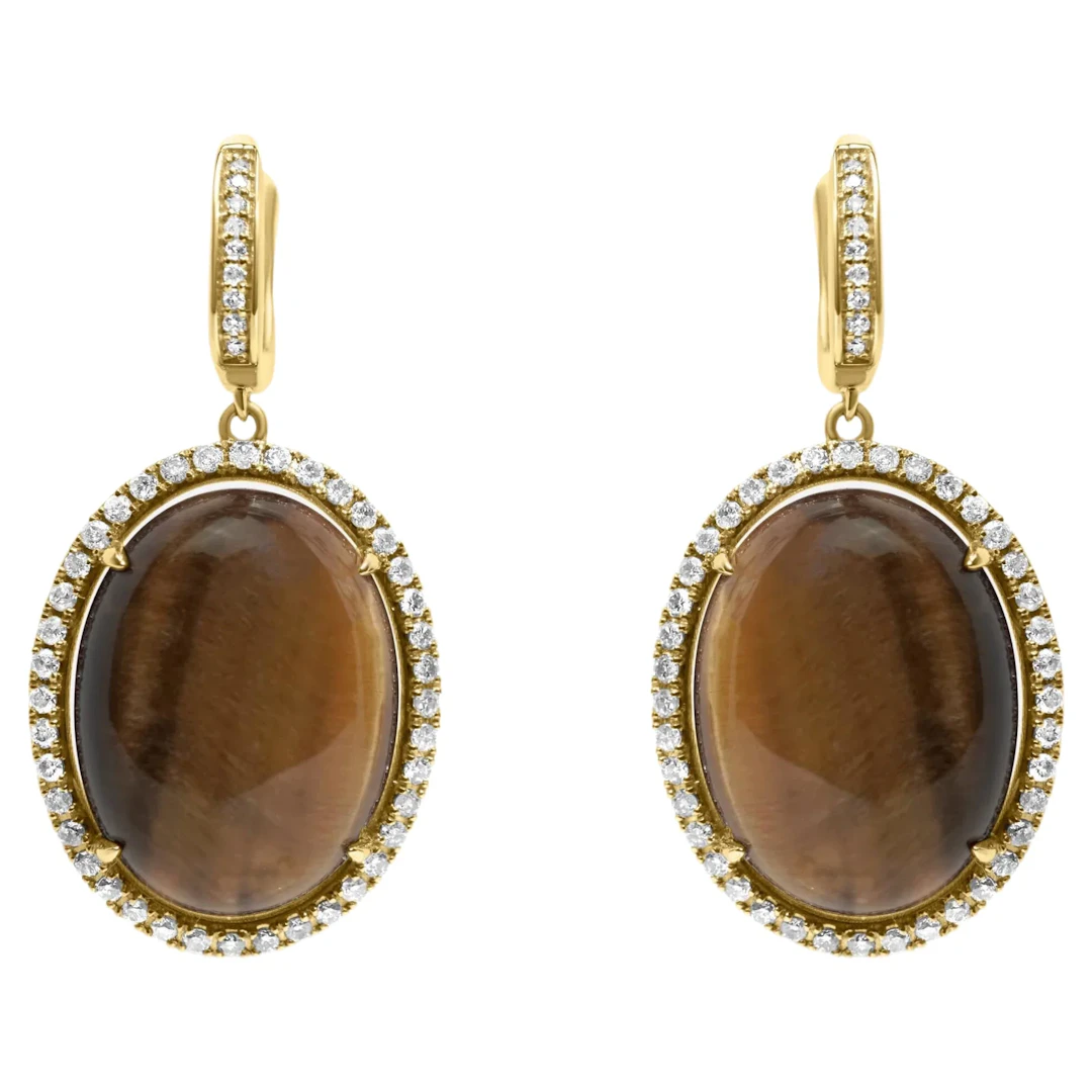 Tiger's Eye & Diamond Gold Huggie Earrings