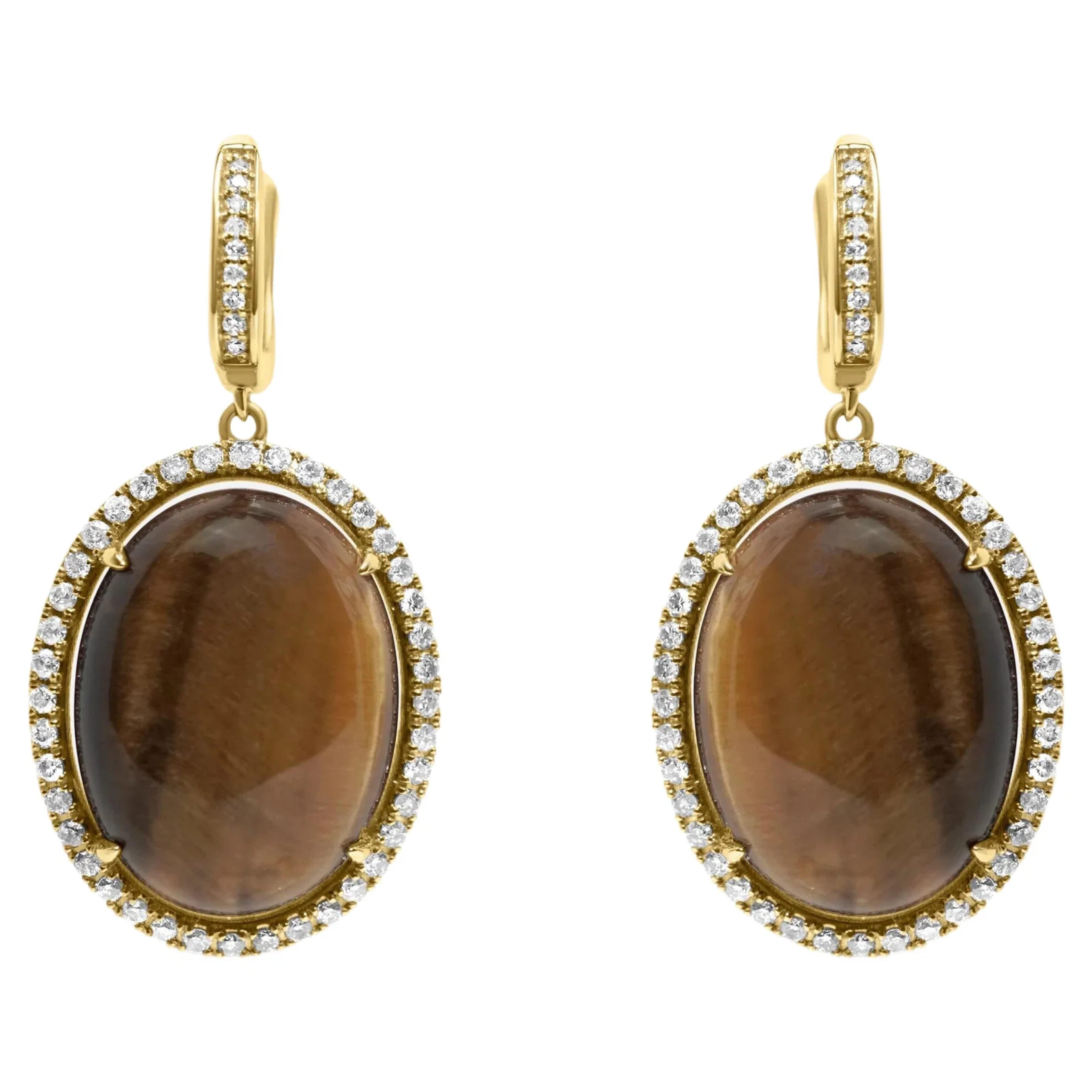 Tiger's Eye & Diamond Gold Huggie Earrings