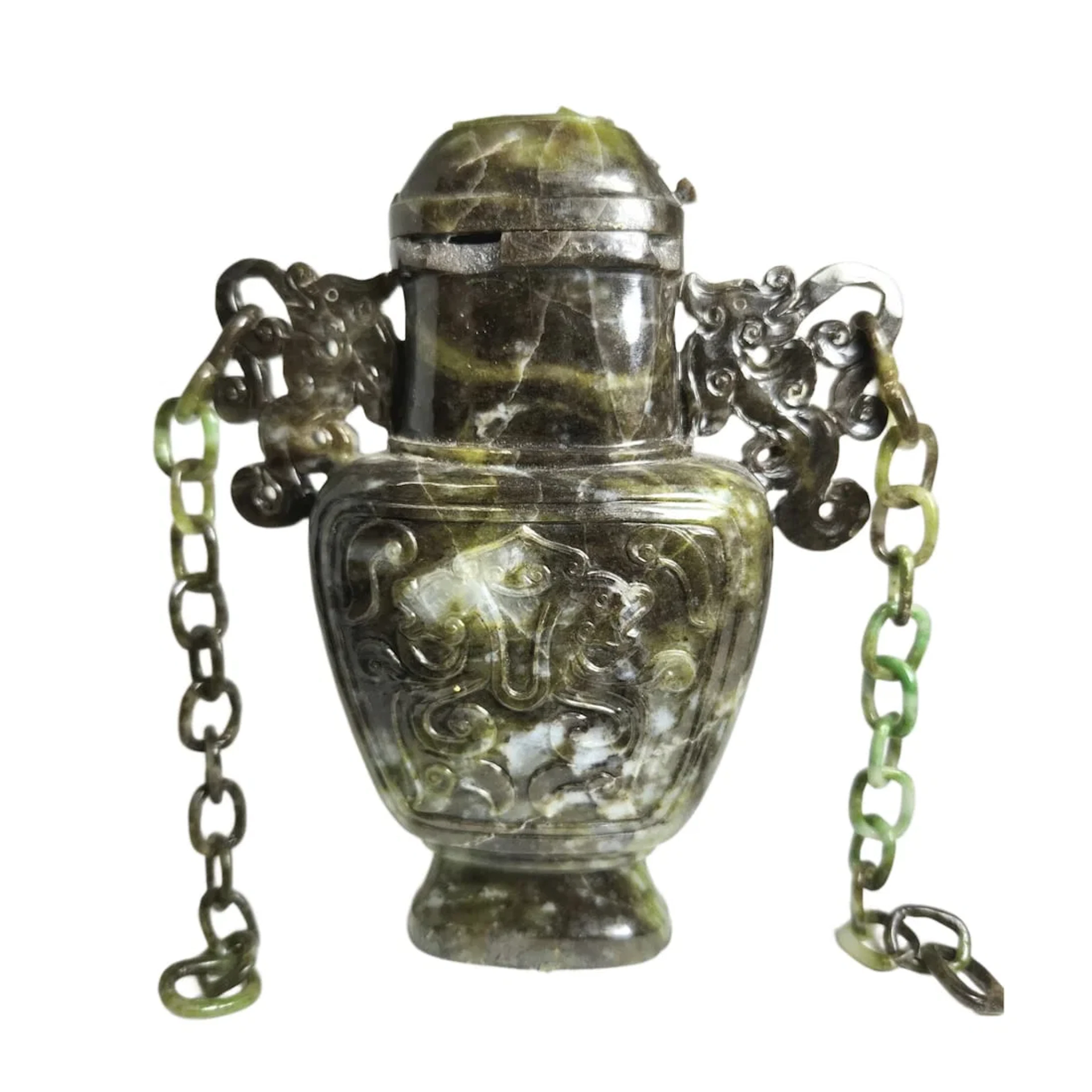 Antique Chinese Jade Carved Dragon Vase 6" H