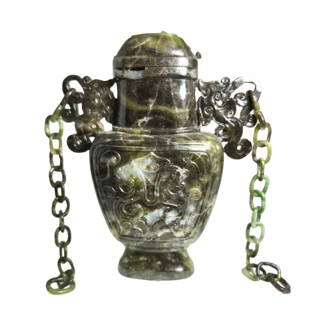 Antique Chinese Jade Carved Dragon Vase 6" H